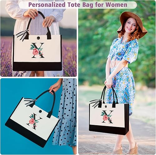 Miniatura 84 de Initial Canvas Tote Bag, Personalized Birthday Gifts for Women Mom Friends Teachers, Monogrammed Tote Bags Suitable for Mother's Day Wedding Beach