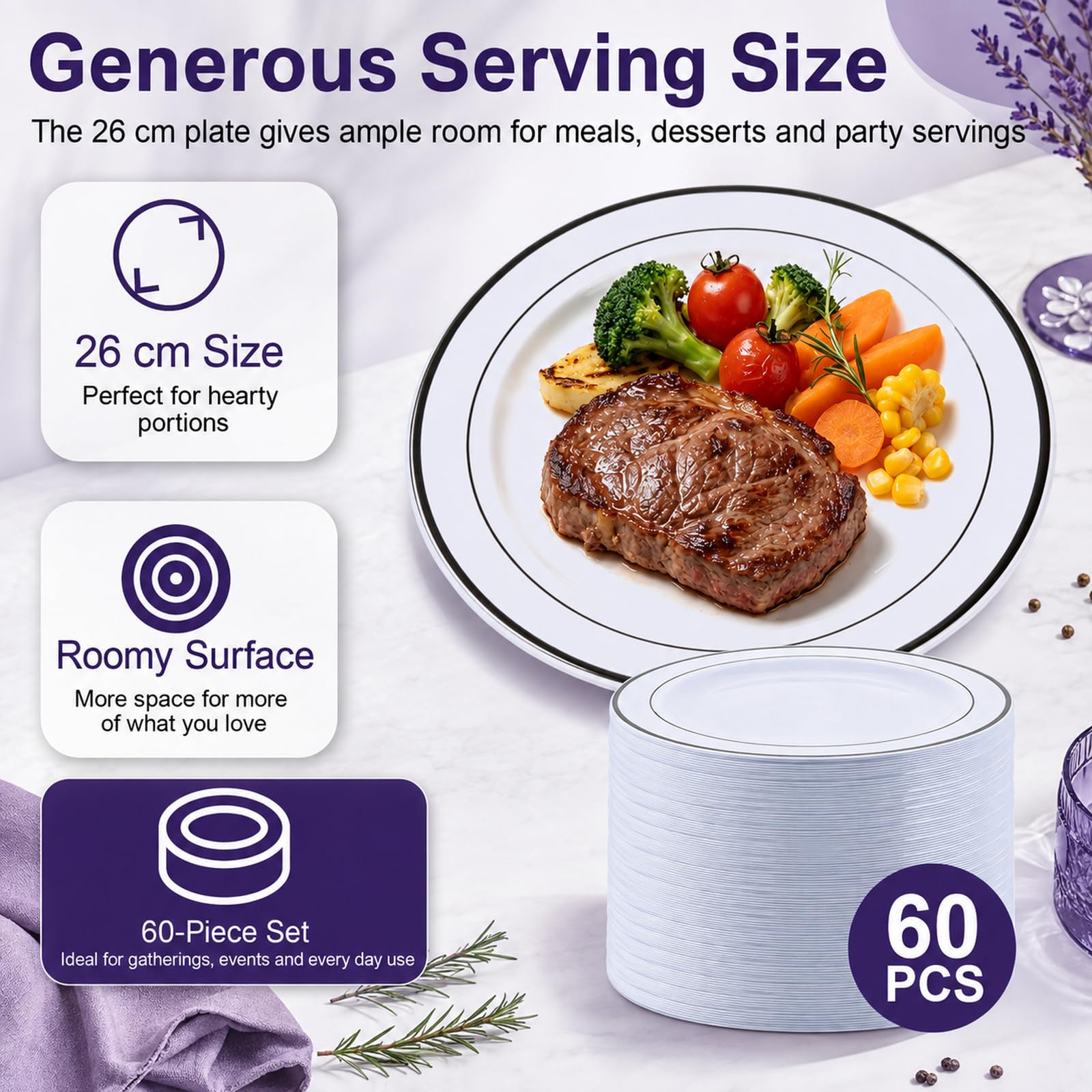 AKOLAFE 60 Stück Plastikteller 26 cm, Kunststoffteller Weiß mit Schwarzem Rand, Partygeschirr Mehrweg, Runde Partyteller für Hochzeit, Geburtstag, Buffet und Camping