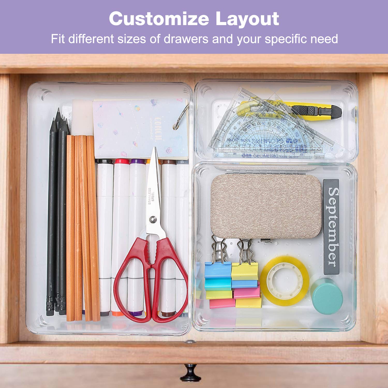 Puricon 7 Set Drawer Organiser Trays, Clear Plastic Trays Containers