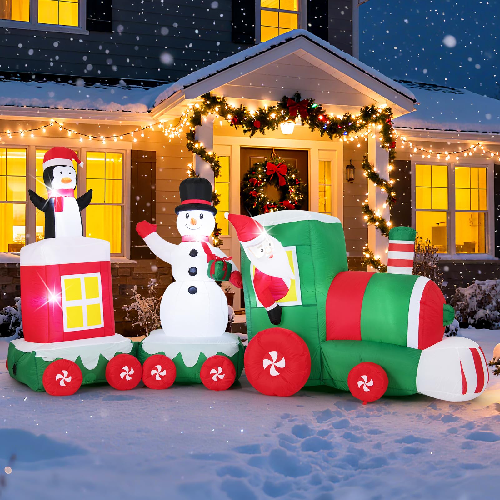 GOPLUS 3,5m aufblasbarer Weihnachtszug, Weihnachtsmann im Zug mit Schneemann und Pinguin, beleuchtete Weihnachtsdekoration XXL mit LED-Lichtern, Gebläse und Sandsäcken, für Innen und Außen