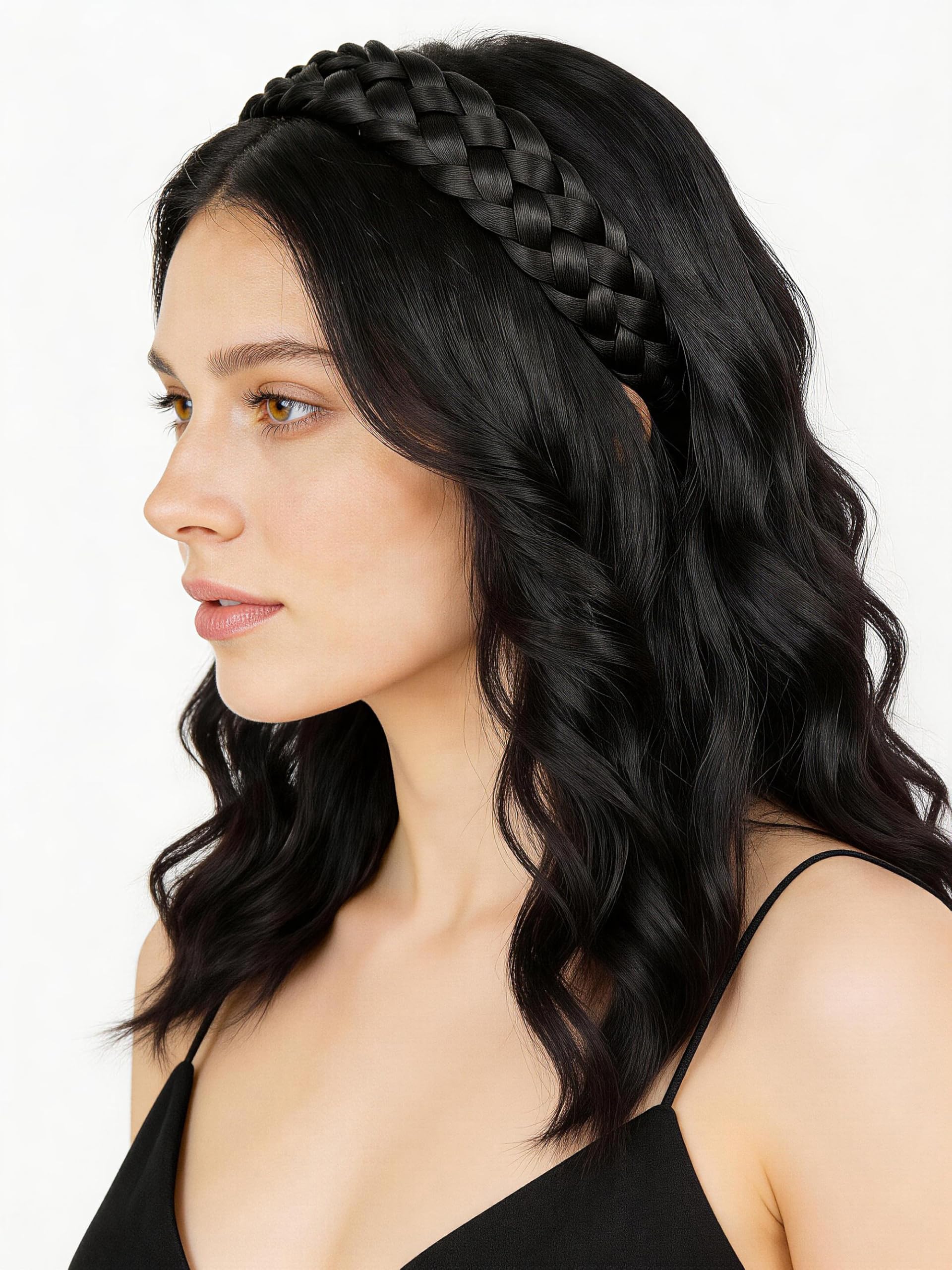 BOBIYA 5 Strands Synthetic Hair Black Braided Headband Classic Chunky Wide Plaited Braids Hairband Elastic Stretch Braid Head band for Women Girl (