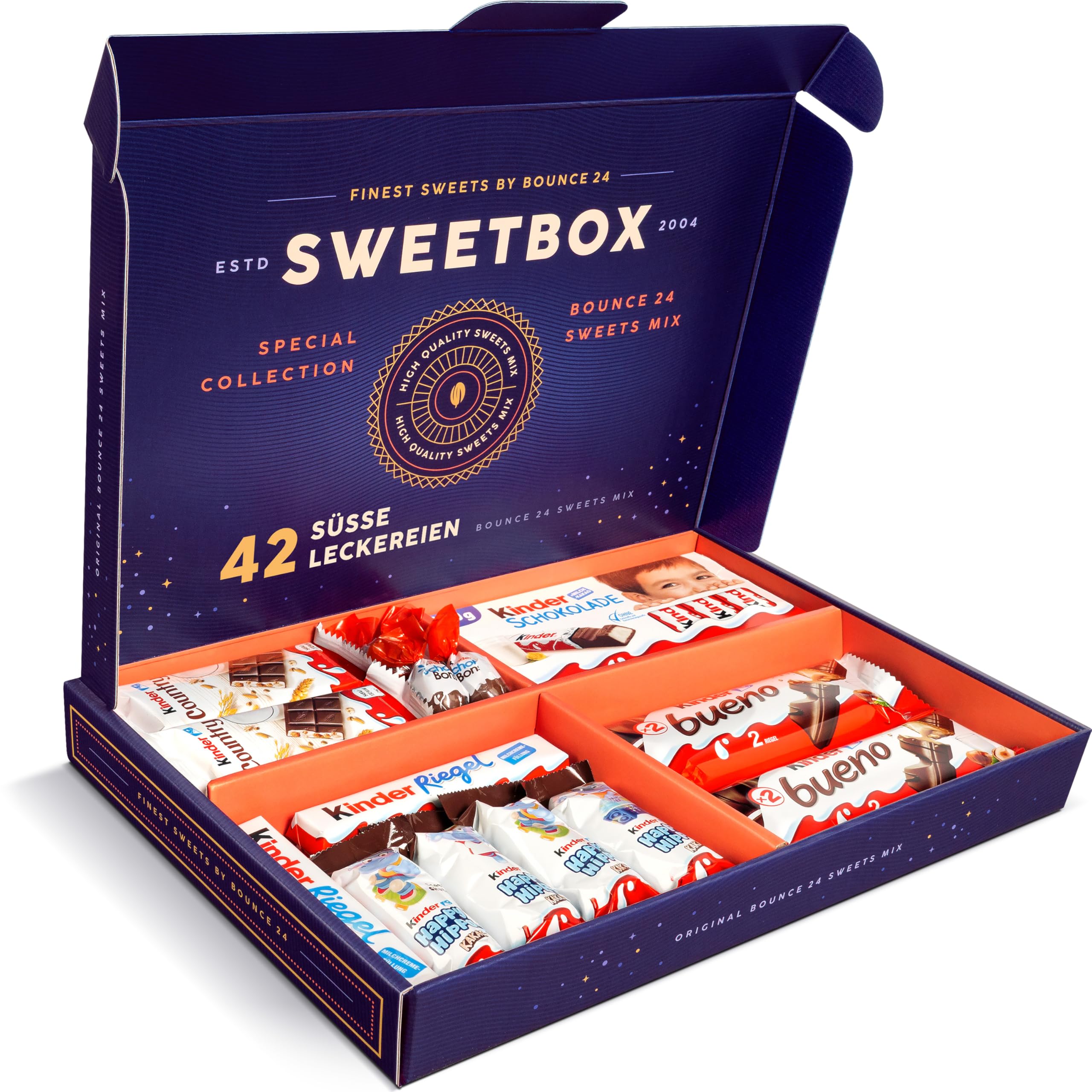 bounce24 Geschenkbox Schokolade Süßigkeiten Box mit 42 Teilen - große Naschbox, edle Präsentbox, ideal für den Kindergeburtstag, tolles Geschenk für Kinder