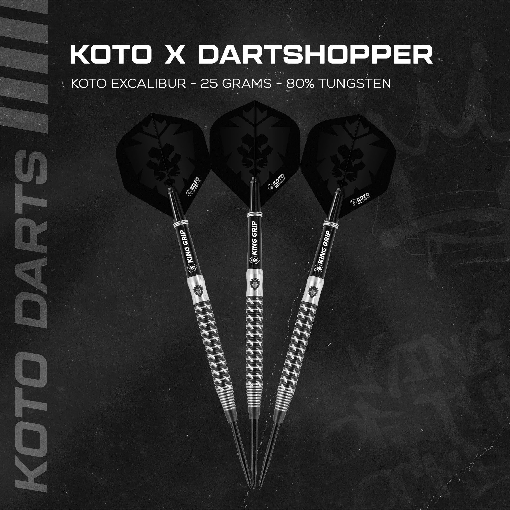 KOTO - Excalibur 90% Darts 21 G, Negro y Plata, Set de Dardos Incluye 3 Barriles, Flights + Shafts y Estuche para Dardos