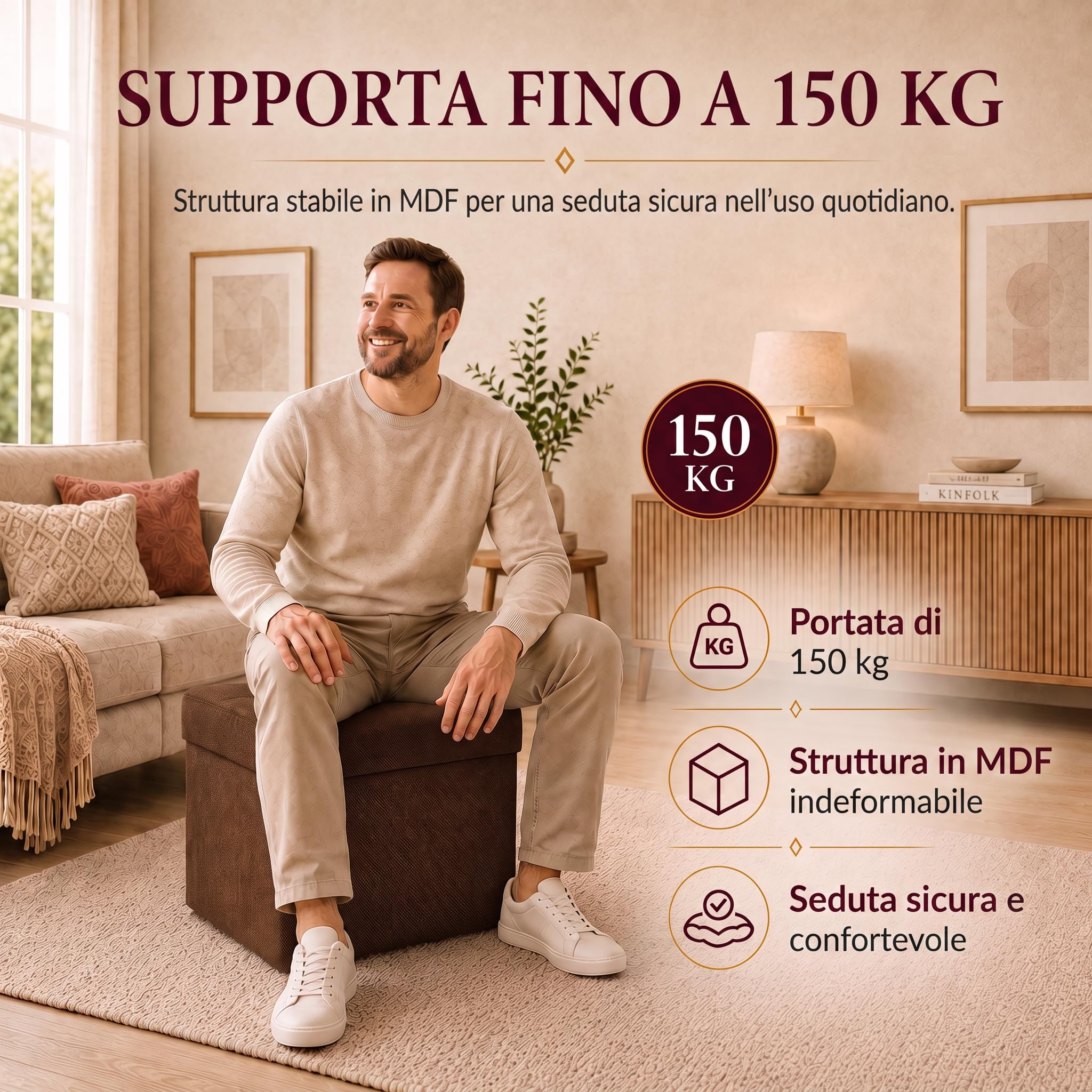 VELORA H&L Pouf Contenitore 45 x 45 cm Marrone scuro – Pouf Imbottito in Tessuto con Vano Portaoggetti, Portata fino a 150 kg, per Soggiorno, Camera da Letto e Ingresso