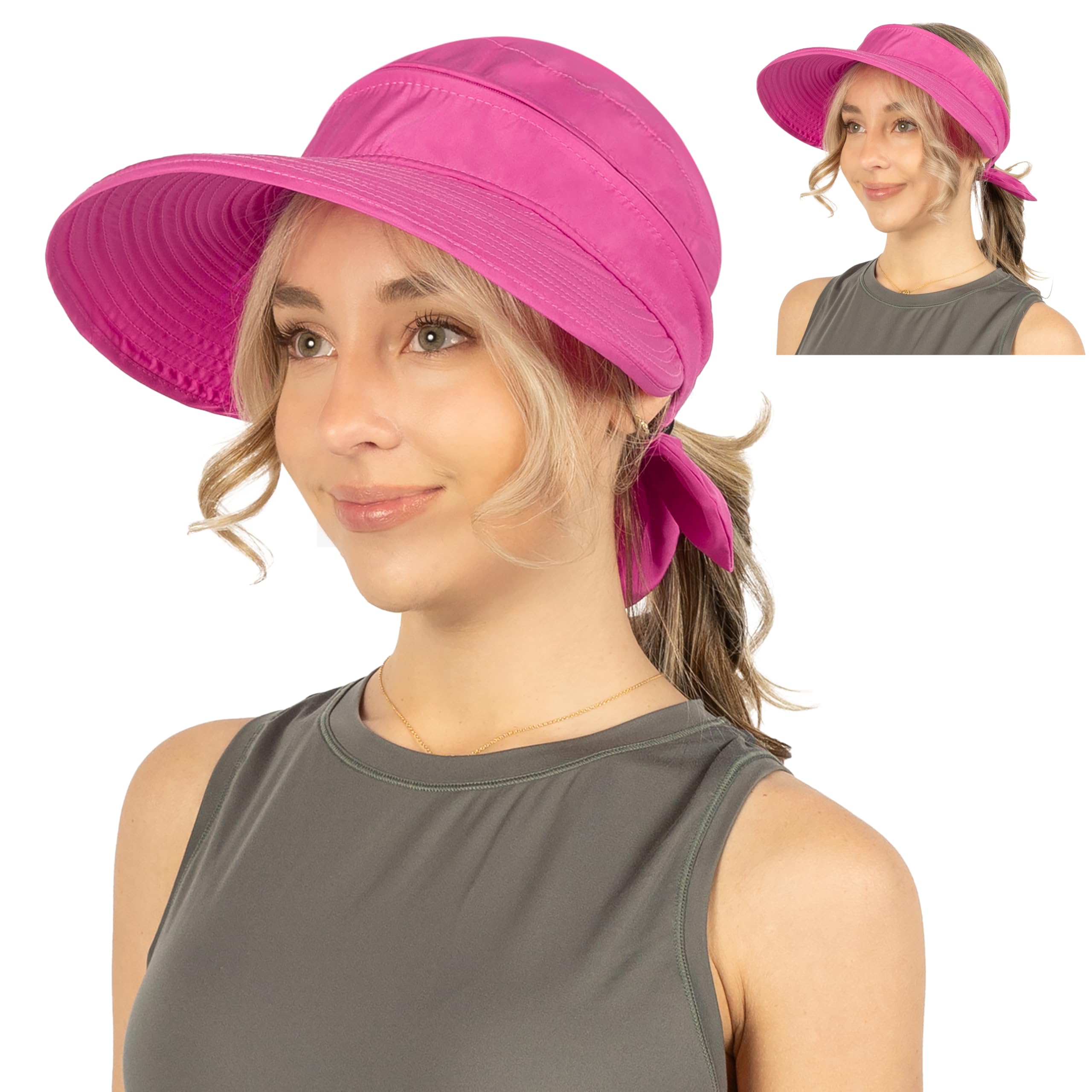 Women Sun Hat for Outdoor UV Protection, Wide Brim Sun Hat Ponytail, Convertible Zip-Off Beach Hat Visor