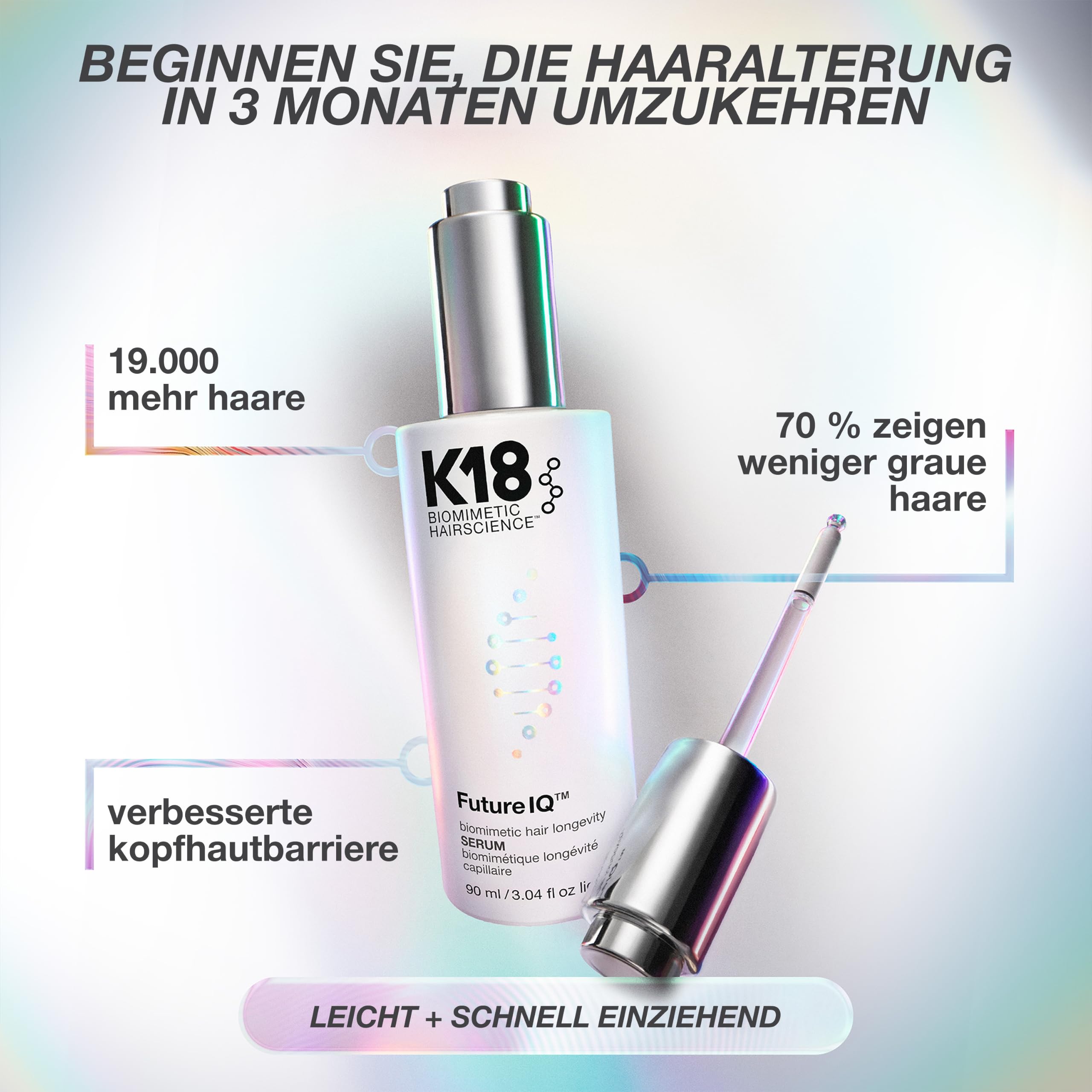 K18 FutureIQ Biomimetisches Kopfhautserum für Haarlanglebigkeit, 90 ml | Mit MultiVital Tech für bis zu 19.000 mehr Haare, weniger graue Haare, stärkere Kopfhautbarriere, parfümfrei & vegan