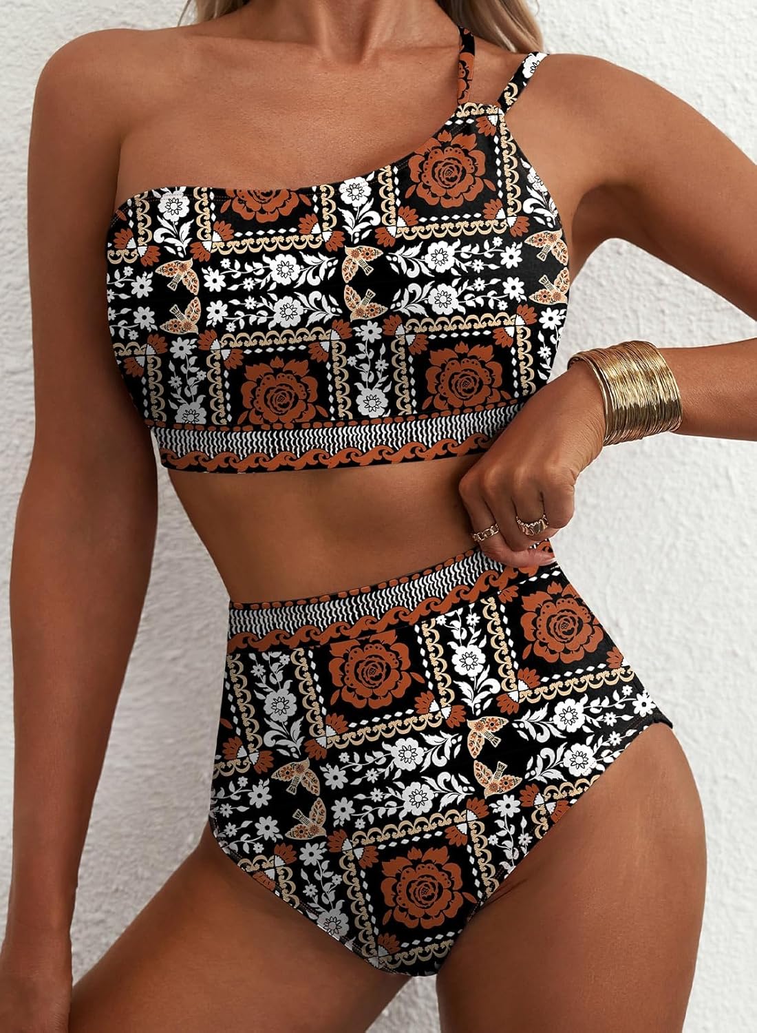 Herseas Women's High Waisted Bikini Sets One Shoulder Floral Print Swimsuits 2 piece Tummy Control Bathing Suits