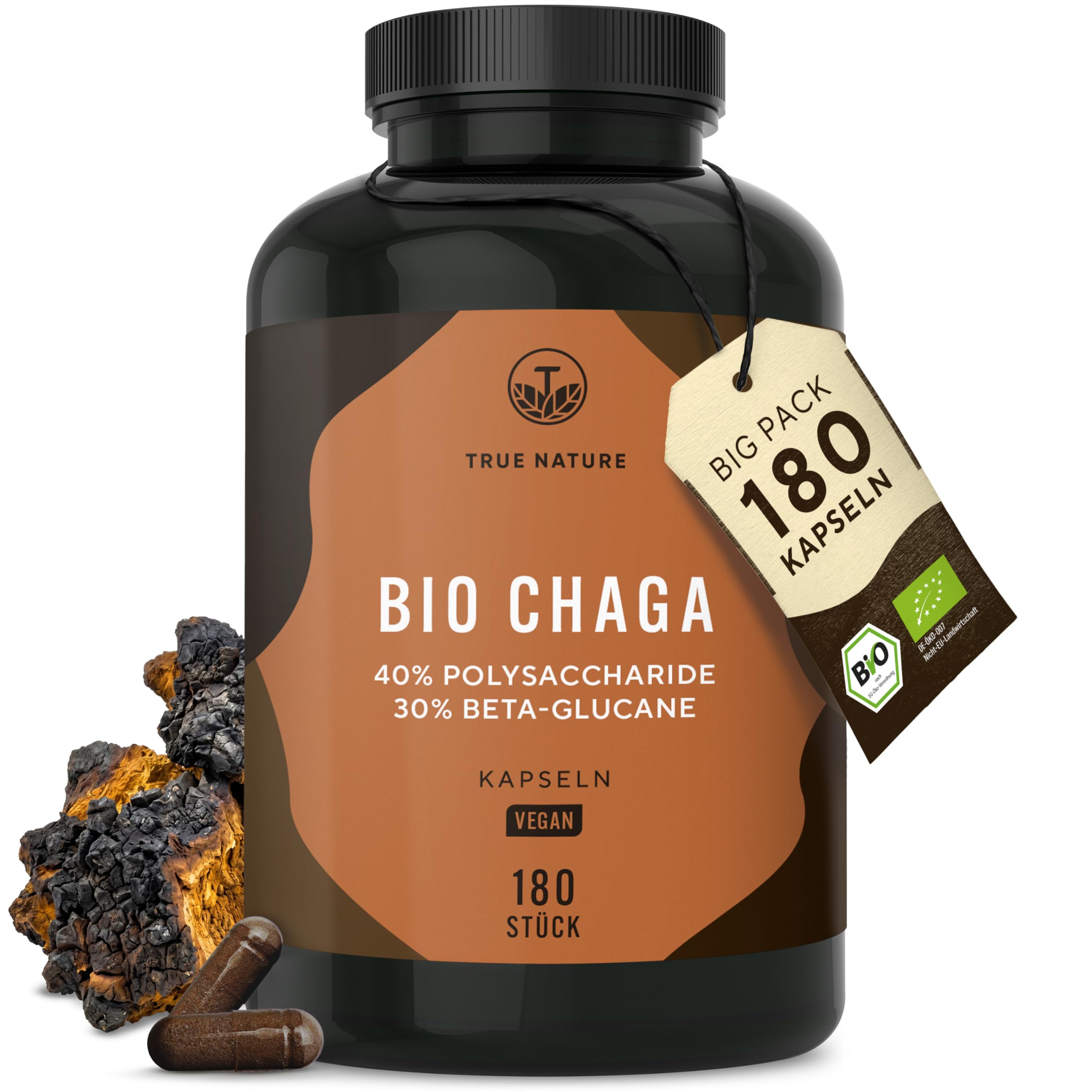 BIO Chaga Pilz Extrakt - 180 Kapseln - 12.000mg Extrakt (10:1) - 40% Polysaccharide - 30% Beta Glucane - Schiefer Schillerporling Pulver - Vegan, Deutsche Produktion - TRUE NATURE®