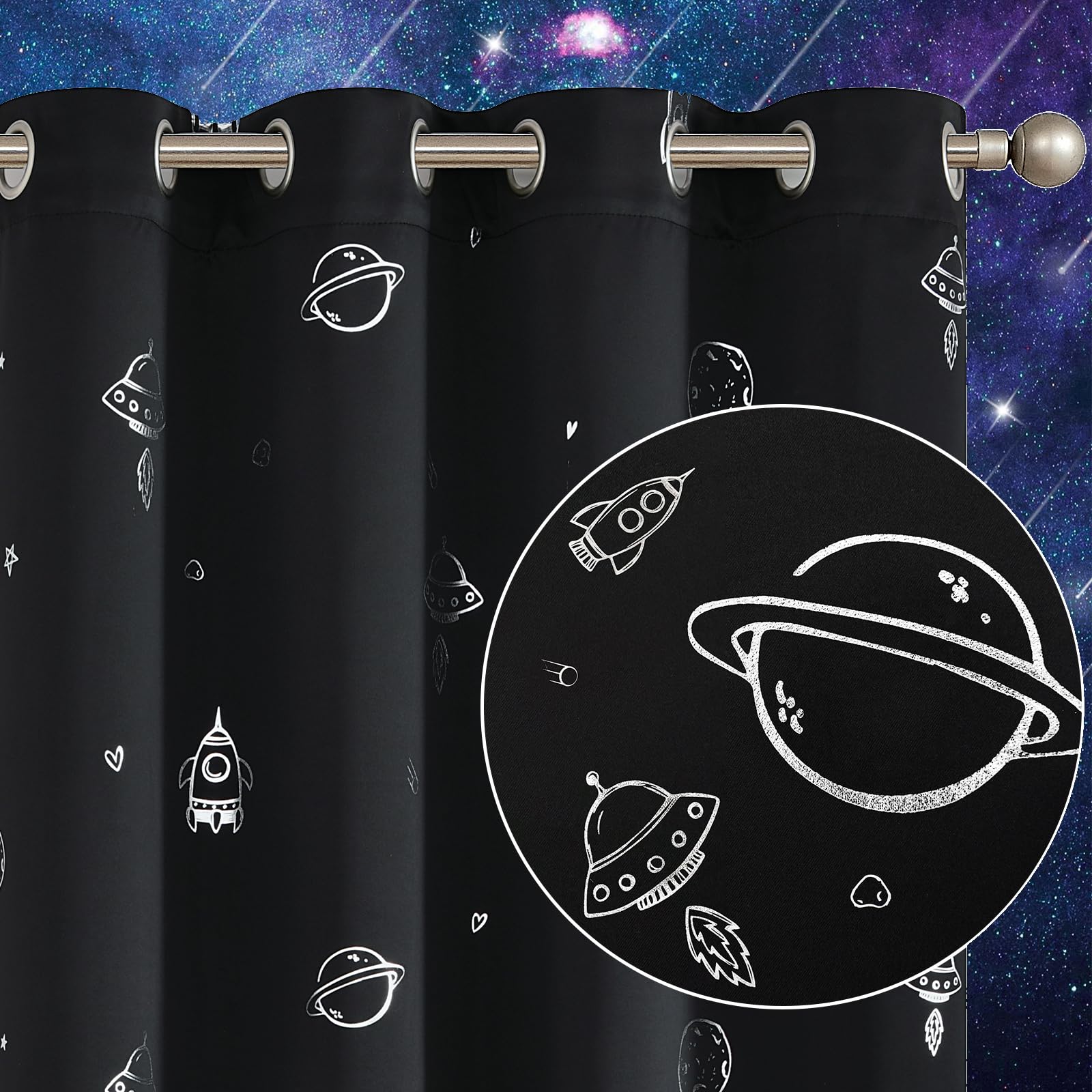 Vangao Black Kids Curtains for Boys Bedroom Space Theme Blackout Curtains for Kids Nursery Girls Room 63 Inches Length Silver Foil Print Drapes
