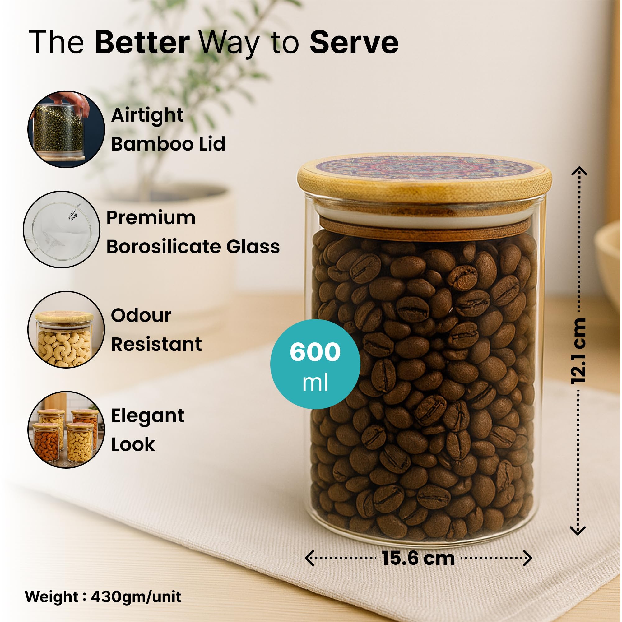 The Better Home Juego de tarros y recipientes de cocina de borosilicato con tapa (2 unidades, 600 ml cada uno), tapa de bambú hermética, tarro para caja de almacenamiento de cocina, tarros para