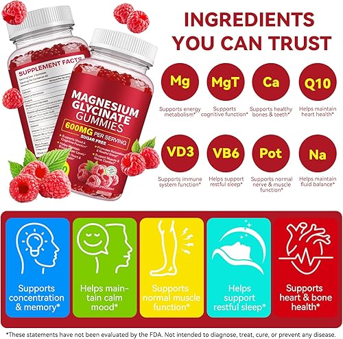 Miniatura 6 de Gomitas de glicinato de magnesio de 600 mg, suplemento de magnesio de alta absorción para mujeres, hombres y niños, apoyo muscular, sueño,