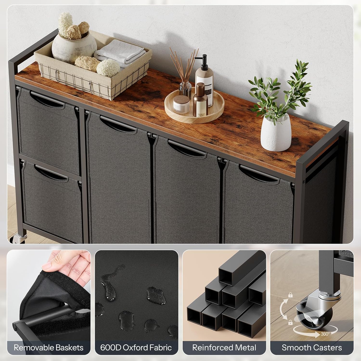 HOOBRO Laundry Sorter with 5 Sections, 45.5 Gal. (170 L) Laundry Hamper with Wheels and Shelf, Large Capacity, Laundry Basket with Removable Bags, 44.1"L x 11.8"W x 31.5"H, Rustic Brown, BF26XY01