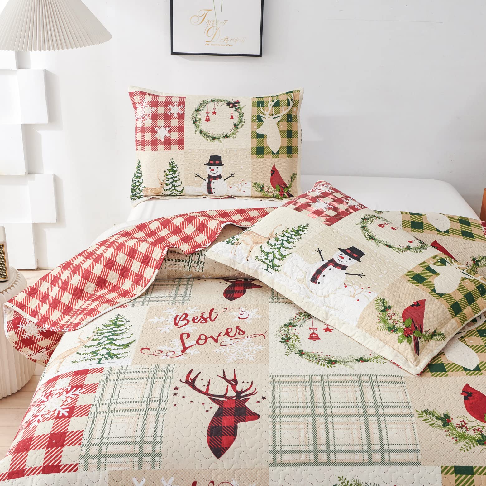Joyreap Weihnachts-Steppdecken-Set – Doppelbett, Rot-schwarz Büffelkaro, Mikrofaser, 2-teilig