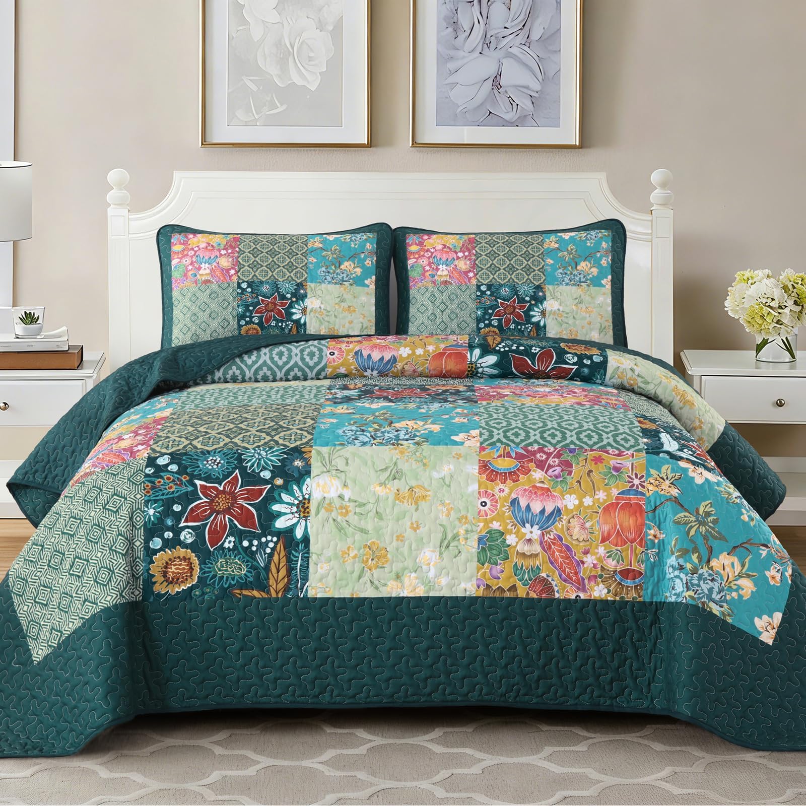 DJY Patchwork-Steppdecken-Set für King-Size-Betten, 3-teilig, grün, kariert, florales Muster, Boho-Türkis, rustikal, leicht, wendbar, für alle Jahreszeiten, 274 x 228 cm