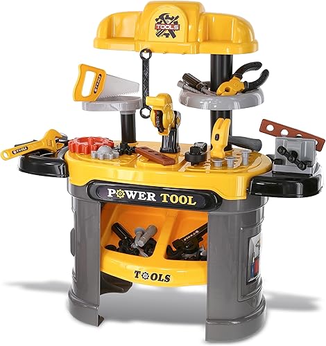 Mozlly Banco de herramientas eléctricas para niños, caja de banco de trabajo para niños con cinturón, juguete de motosierra y más juguetes de