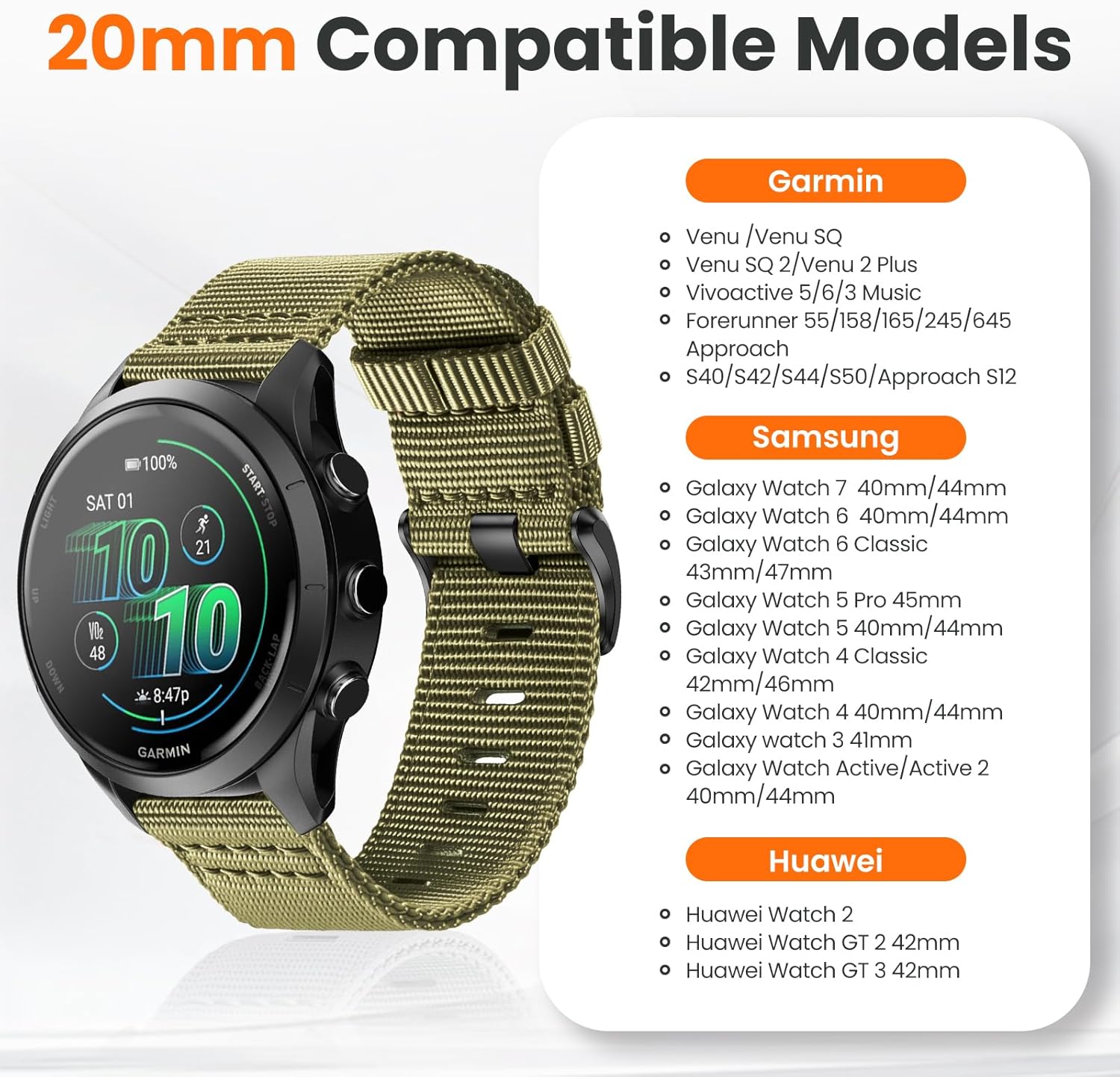 Rugged Nylon Watch Bands Compatible with Garmin Vivoactive 3/5/6, 20mm Quick Release Watch Band for Garmin Forerunner 165/245/55 - Image 6