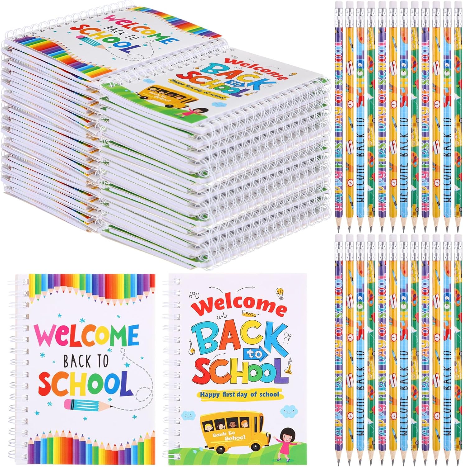 Crtiin 48 Pcs Back to School Gift Set for Kids First Day of School Mini Notebooks Pencils Set Pencil with Small Spiral Notepad Party Supplies Rewards Gift Goodie Bag(Classic Styles)