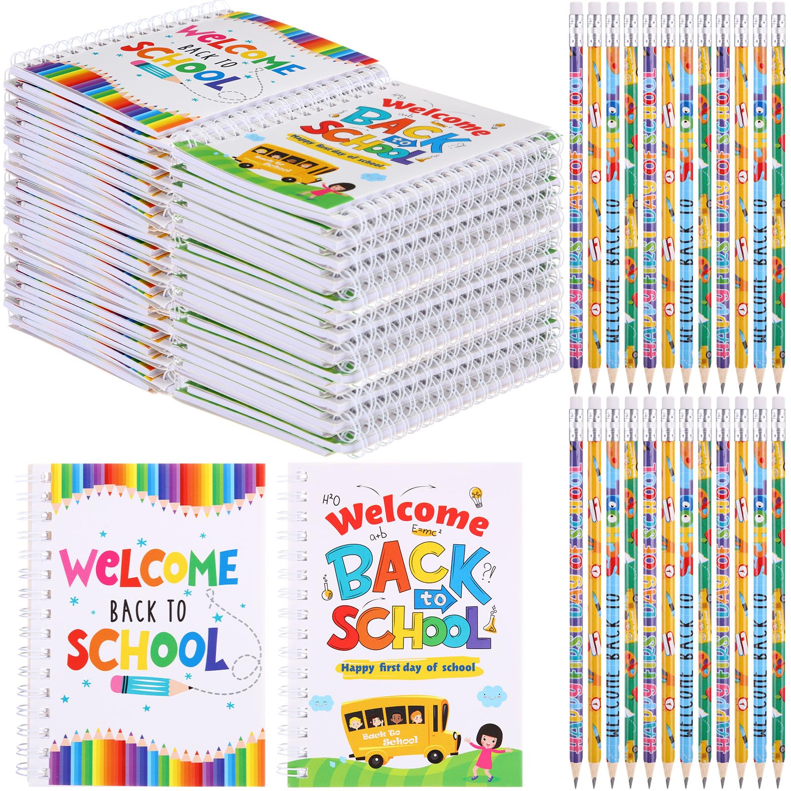 Crtiin Ensemble cadeau de 48 pièces pour la rentrée scolaire des enfants, carnets, crayons de bienvenue à l'école avec petit bloc-notes à spirale, fournitures de fête, décorations, cadeaux,