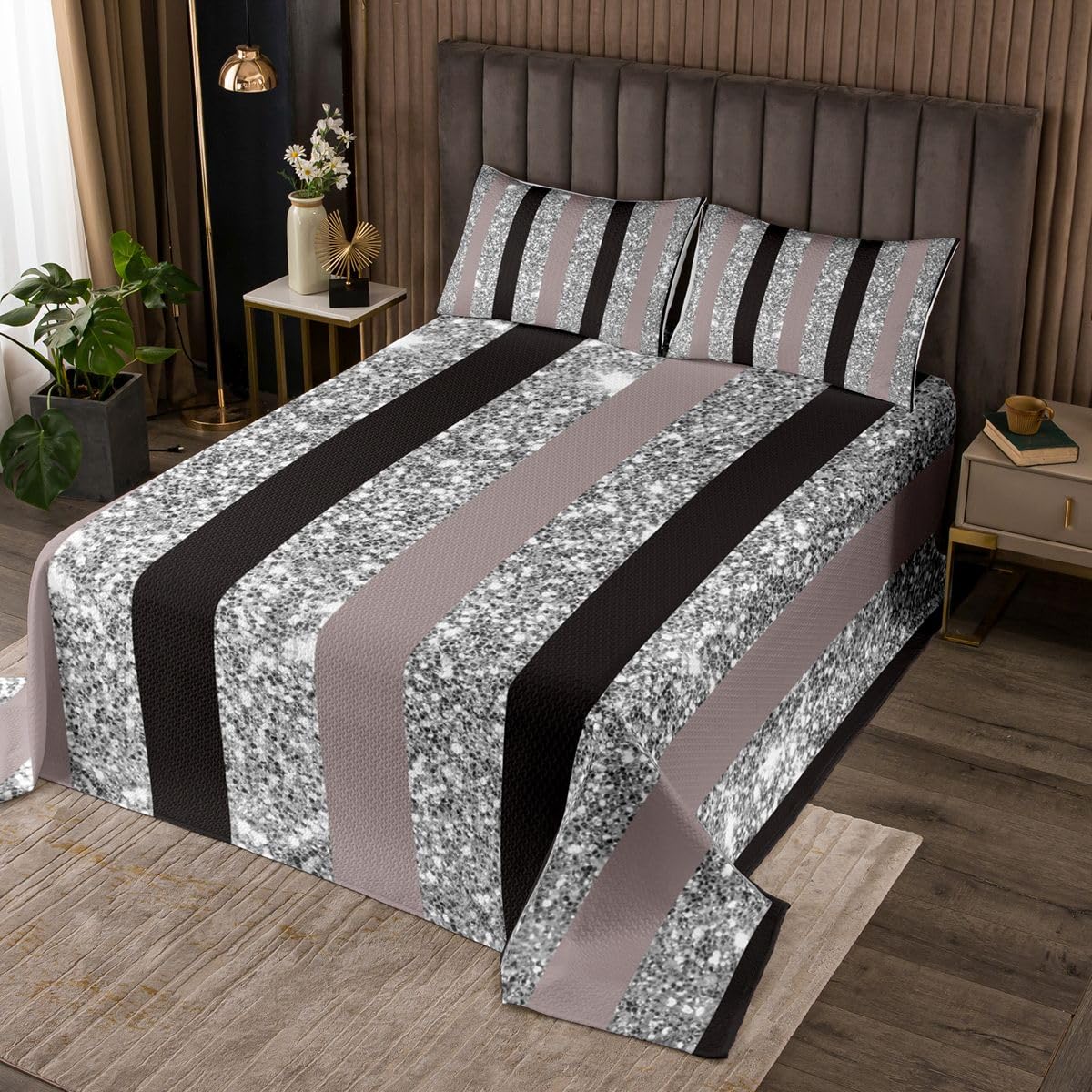 Loussiesd Set copriletto matrimoniale grigio nero a righe glitterate per tutte le stagioni con 2 federe geometriche in microfibra leggero e moderno a righe