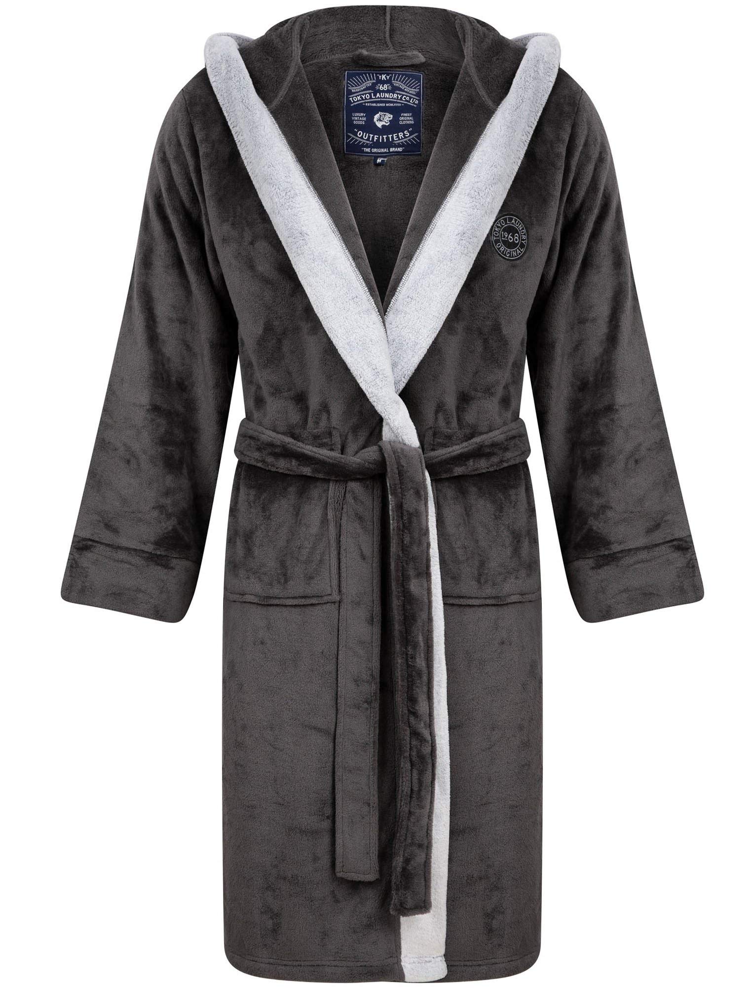 Tokyo Laundry Men's Soft Fleece Hooded Two Tone Dressing Gown - Dark Grey - XL
