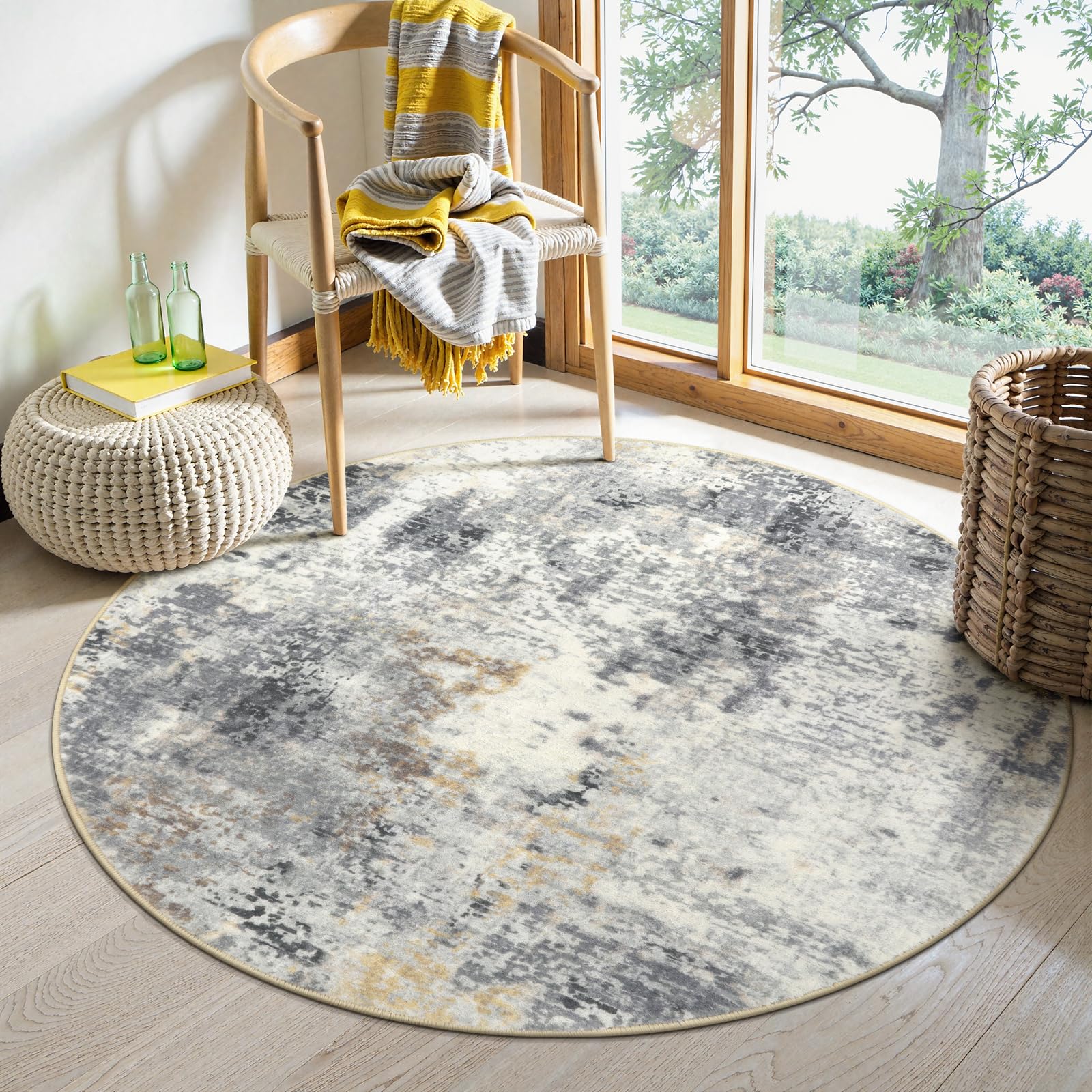 Lahome Modern Abstract Round Rug - 4Ft Grey Small Bathroom Rug Indoor 4x4 Circle Rugs Washable Kitchen Mat, Non Slip Contemporary Bedroom Carpet for