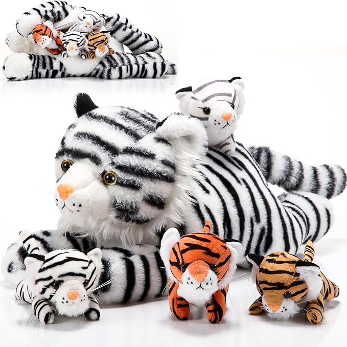Threan 5 Pcs Tiger Stuffed Animals Plush Toy Set 16 Inch Stuffed Mommy Tiger with 4