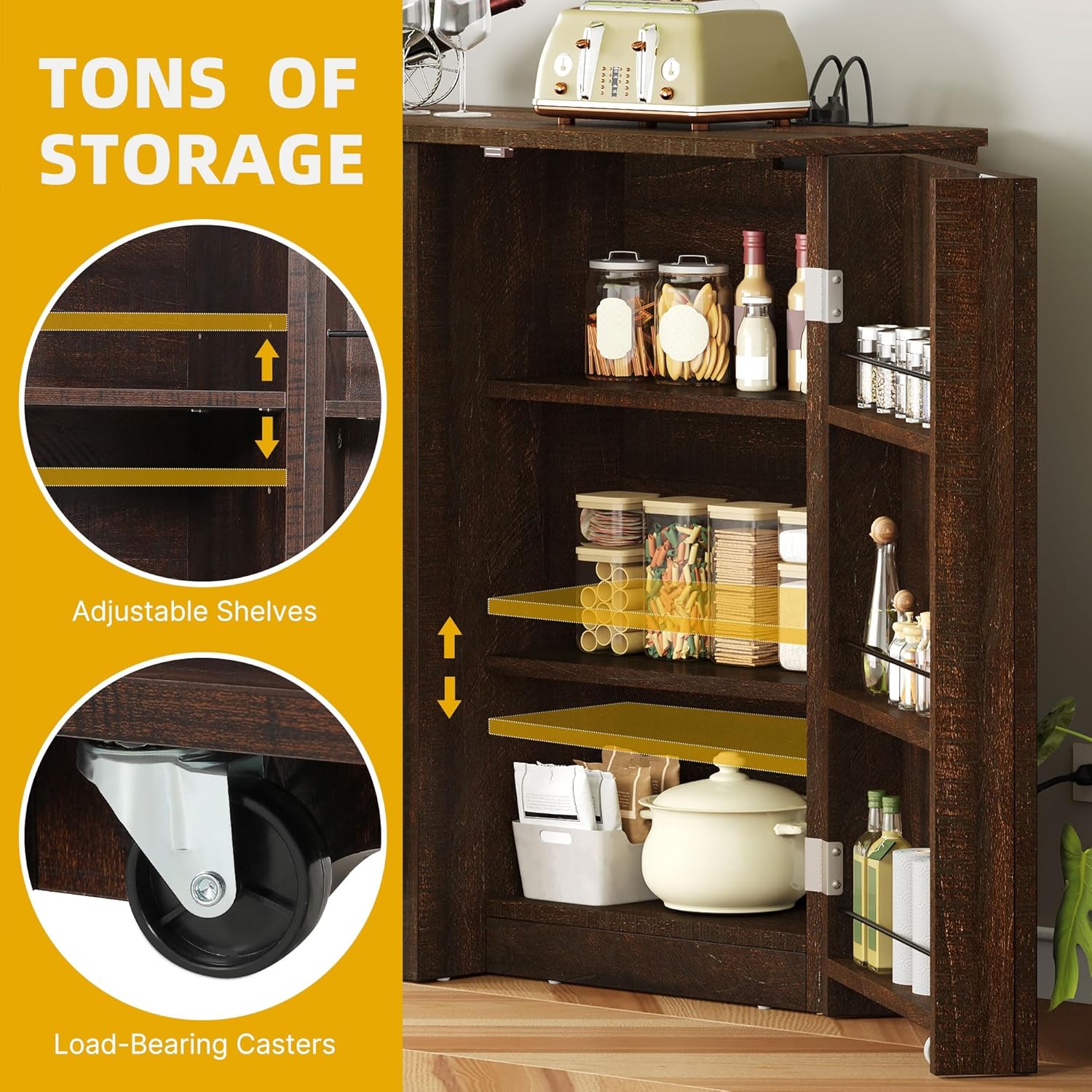 DWVO Rustic Kitchen Island with Power Strip, Farmhouse Kitchen Storage Island with 2 Tilt-Out Doors for 13 Gallon Bins, Adjustable Shelf