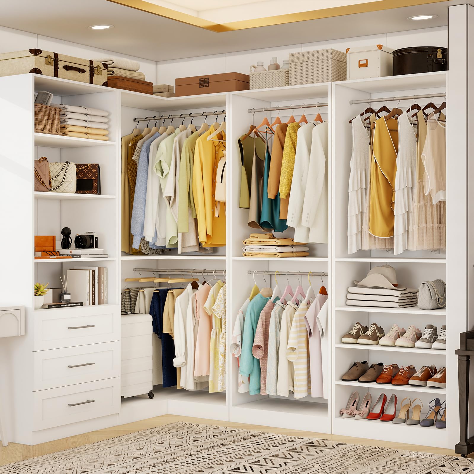 Closet Organizer System of 4 Sets with 3 Drawers, 9 Hanging Rods
