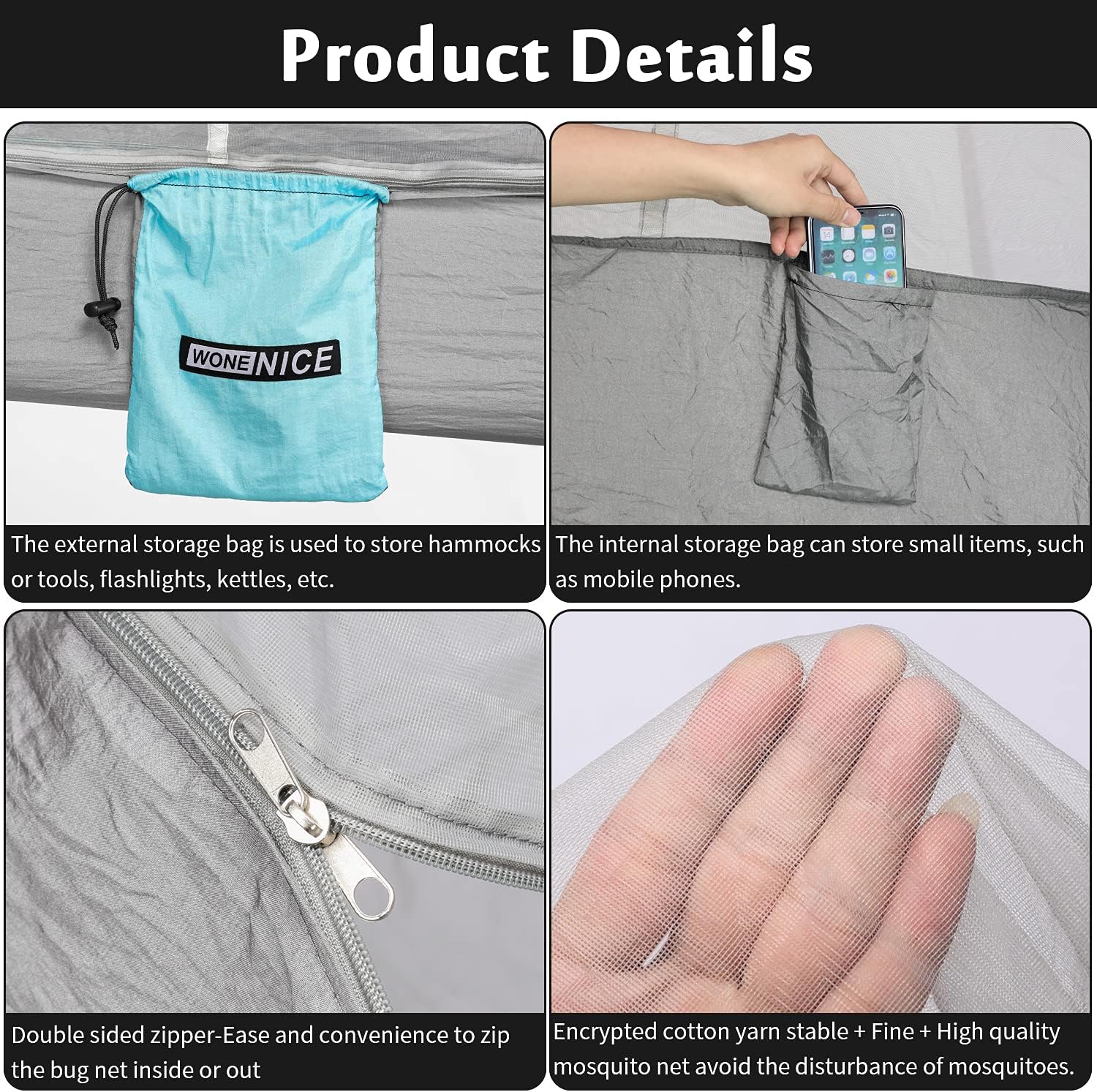 WoneNice Hammock with Mosquito Net, Portable Lightweight Nylon Parachute Multifunctional Hammock with Net and Tree Straps for Camping, Backpacking, Travel, Beach, Yard. (Sky Blue/Grey)