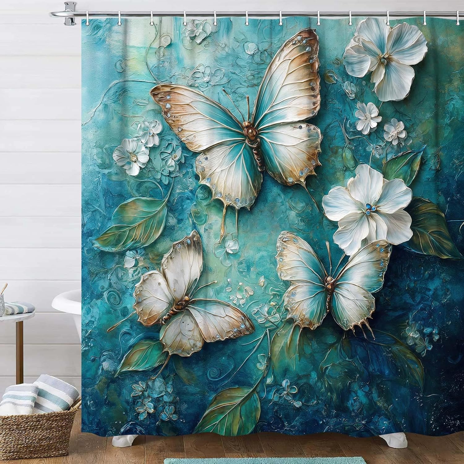 Floral Butterfly Shower Curtain,Teal Shower Curtain Set for Bathroom,Boho Rustic White Flowers Butterflies Oil Painting Bath Curtain,Waterproof Bathroom Decor Accessories with Hooks,70X75 in