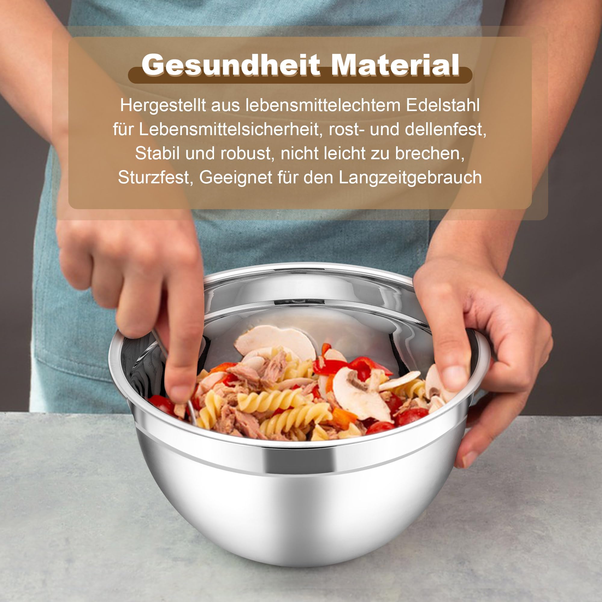 Herogo Rührschüssel 5er Set Khaki, Edelstahl Schüssel mit luftdichten Deckeln, Metall Salatschüssel mit 3 Reibenaufsätzen zum Zubereiten/Backen/Servieren/Aufbewahren/Mixen, Spülmaschinenfest