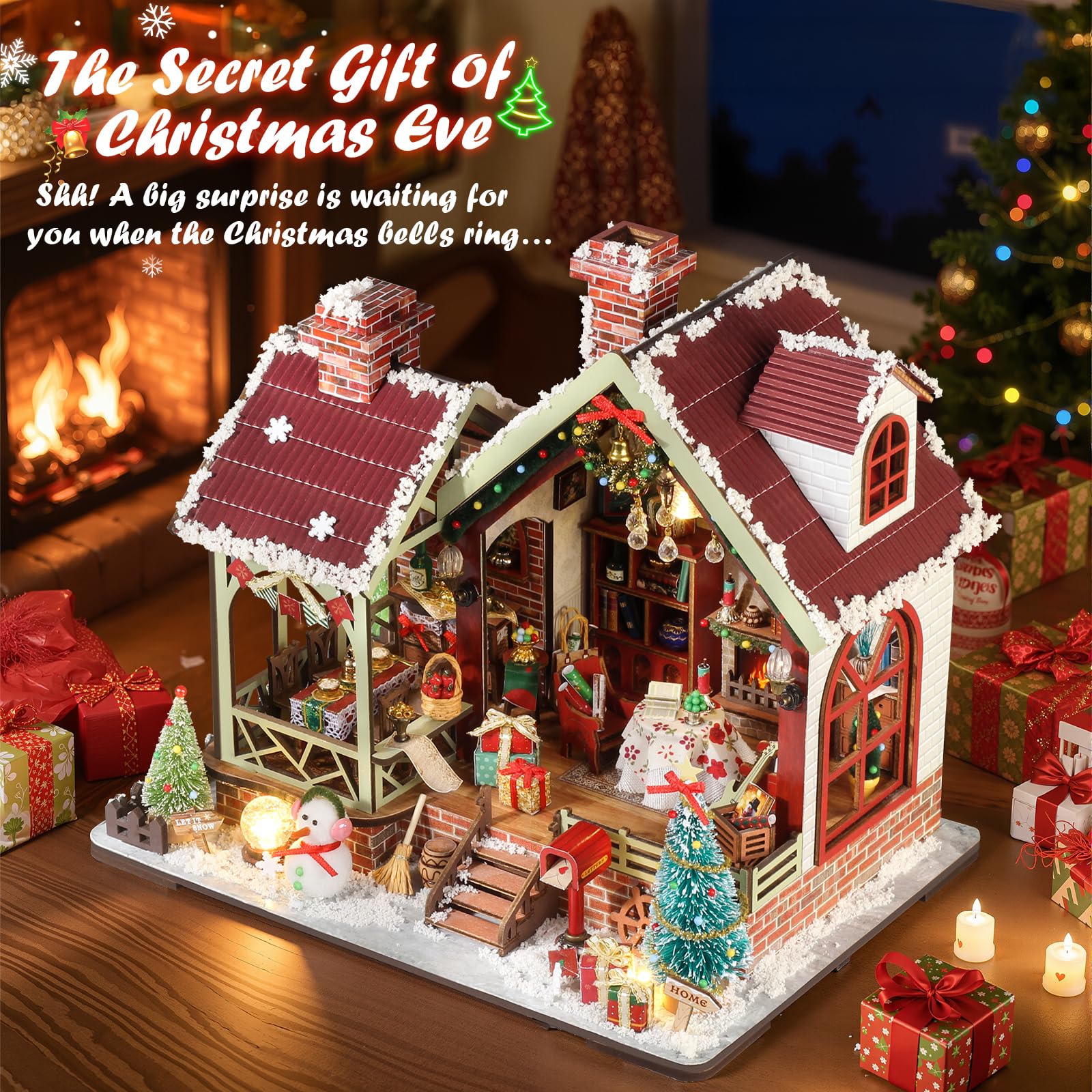 Cuteefun Maison de Poupée Noël avec Boîte à Musique -Chalet de Noël | Maquette en Bois à Construire pour Adultes et Ados, Loisirs Créatifs, Décoration de Noël, Cadeau de Noël Unique