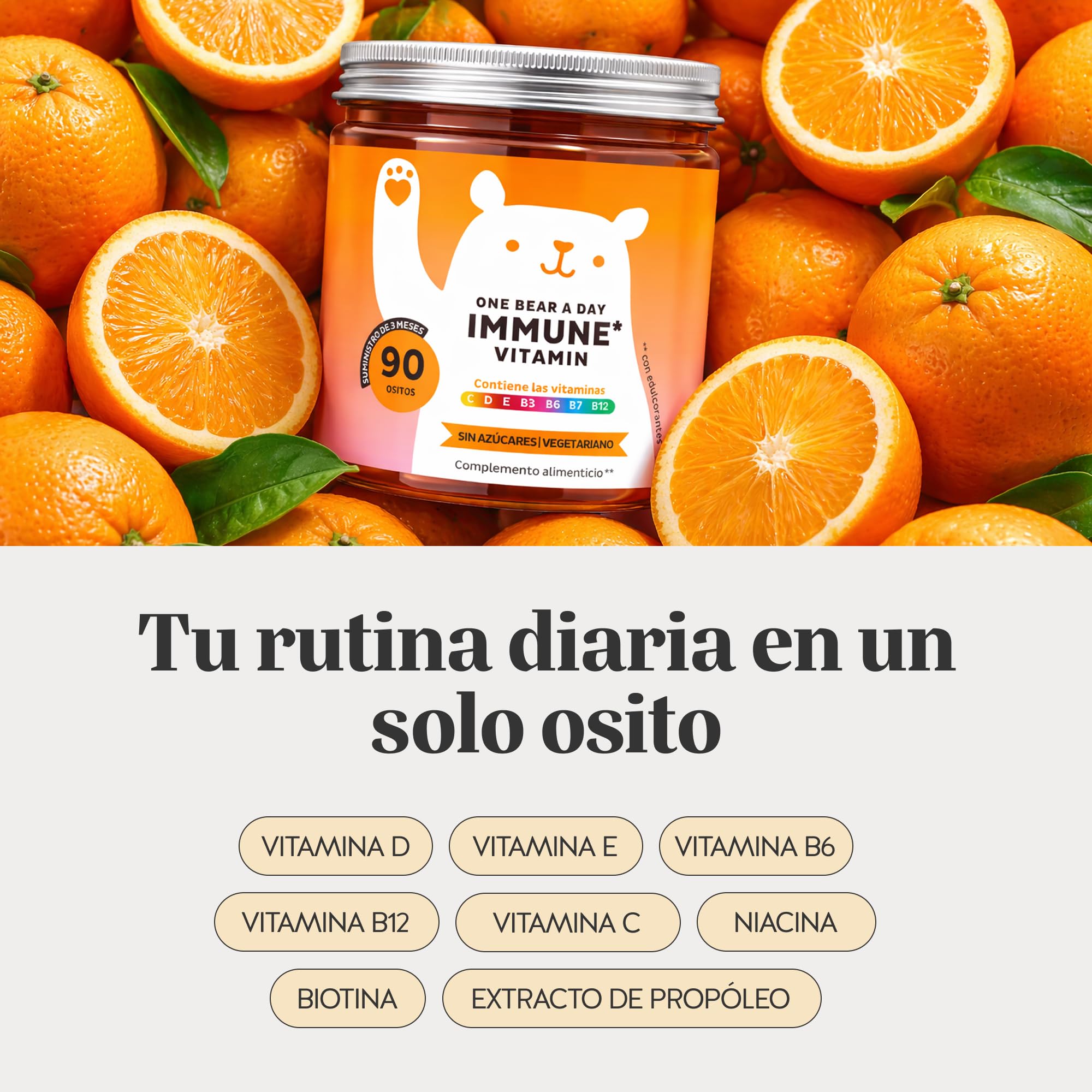 One Bear A Day Immune Vitamin Gominolas – Vitamina D, E, C, Vitamina B6, B12, Niacina, Biotina, Extracto de Própolis – 90 Unidades (3 meses) – Vegetariano, Sin Azúcares, Bears with Benefits