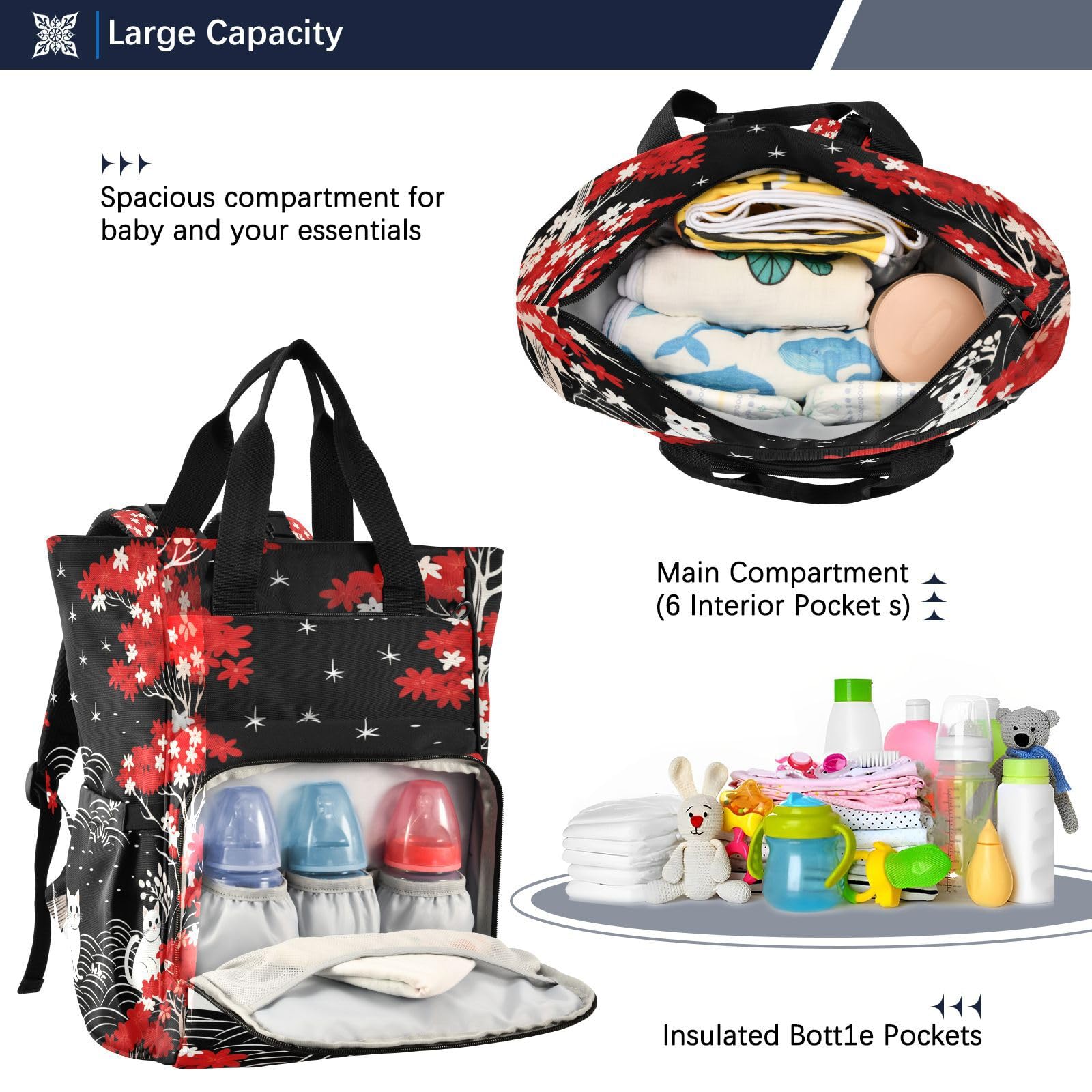 Patrón Repetitivo Gatos Negros Bolsa de Pañales, Mochila de Viaje, Gran Capacidad, Bolsas para Mamá Papá Mujeres Niñas
