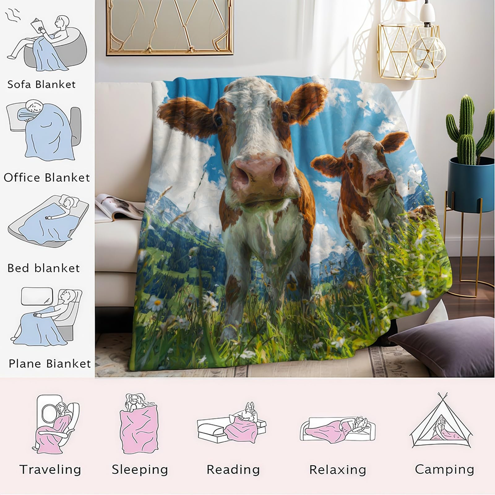 Aquarelle Couverture Polaire 220 x 240 cm Animal Vache Plaid Flanelle Doux et Chaud Jeté de Lit ou Canapé Couverture Confortable Enfant Adulte