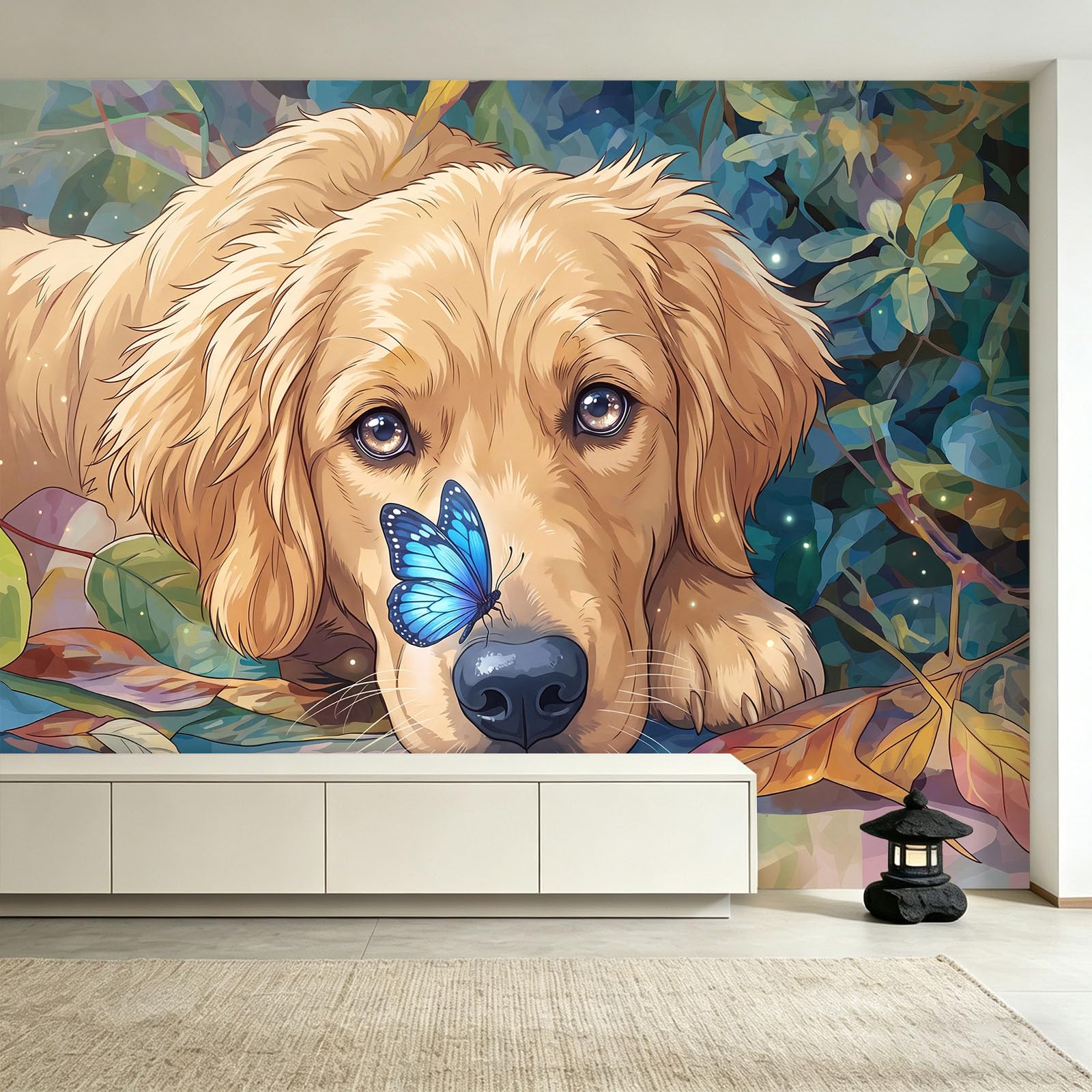 Fototapeta ścienna z włókniny 3D, Golden Retriever, motyl opadłe liście, niestandardowa, panoramiczna dekoracja ścienna, akwarela, przytulny design, do salonu, kuchni, sypialni, 200 x 140 cm (szer. x