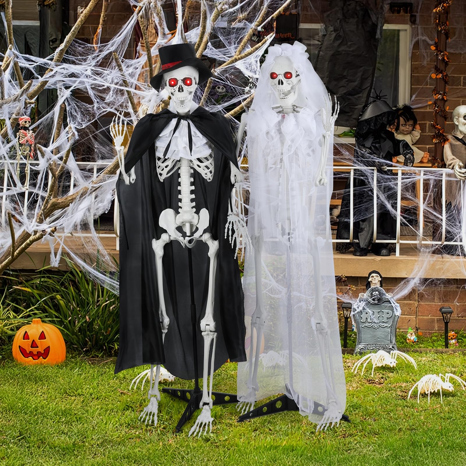 hatleues Szkielety panny młodej o długości 1,6 m ze świecącymi oczami, przerażający dźwięk, 1 para szkieletów na Halloween, możliwe szkielety z ruchomymi stawami, plastikowy szkielet para dekoracja na