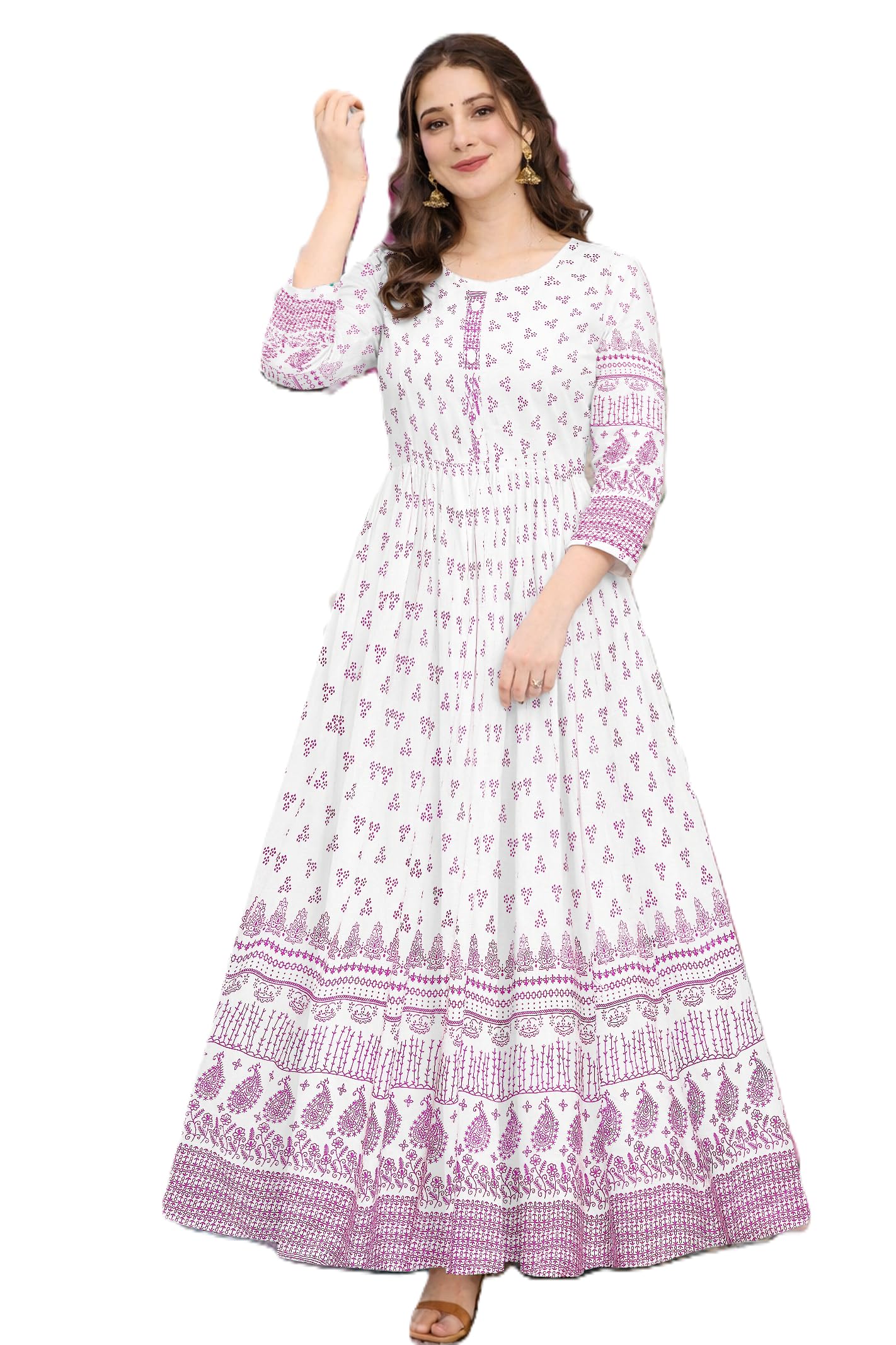 Women's Printed Anarkali Kurta, Ethnic Festive Long Dress, 3/4 Sleeves, Flared Hem (in, Alpha, XL, Regular, Pink)-image-38