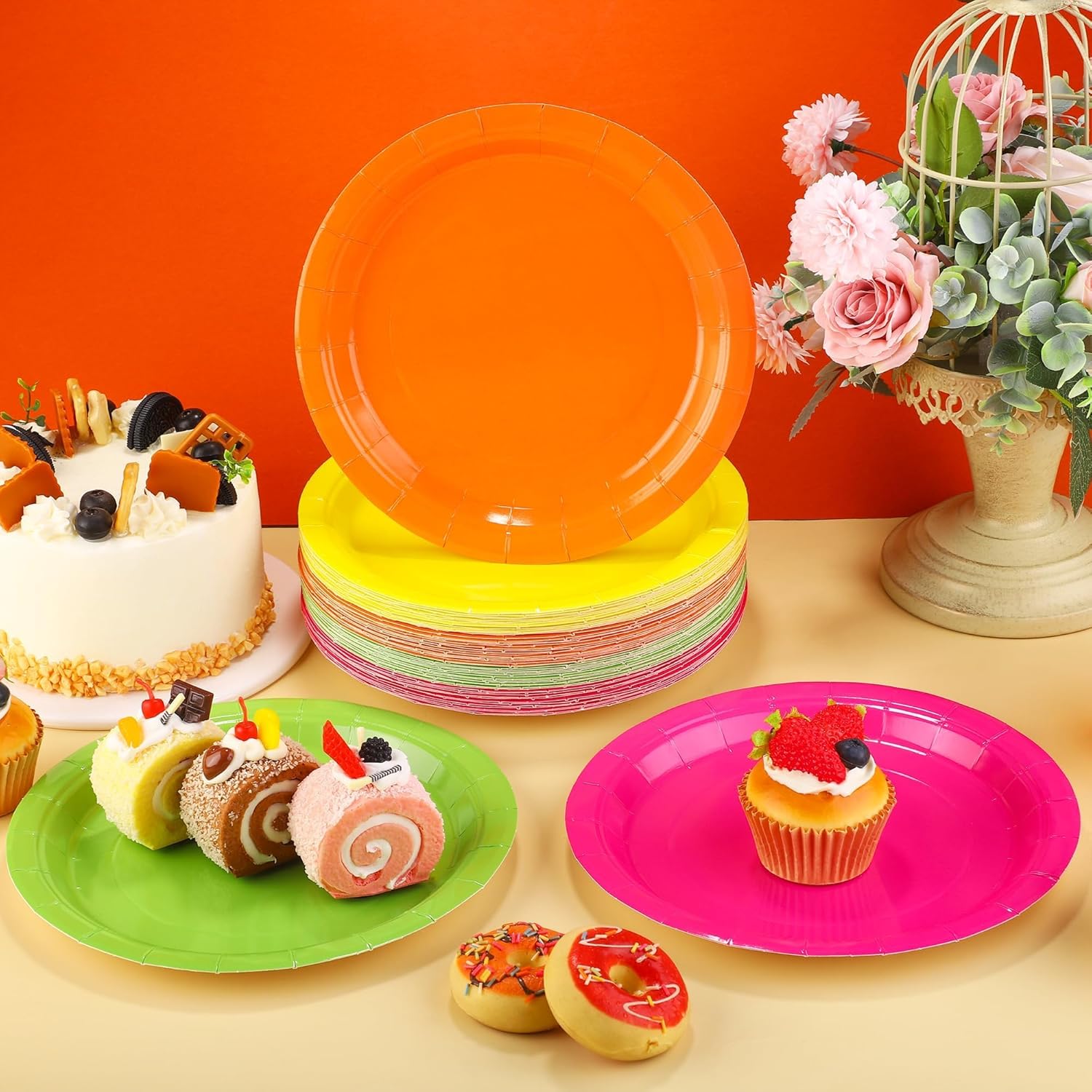 Kochorie 150 Pieces Neon Disposable Paper Plates 9 Inch Heavy Duty Dinner Plates, Solid Color, Table Decorations Party Supplies for Birthdays, Weddings, Daily Use