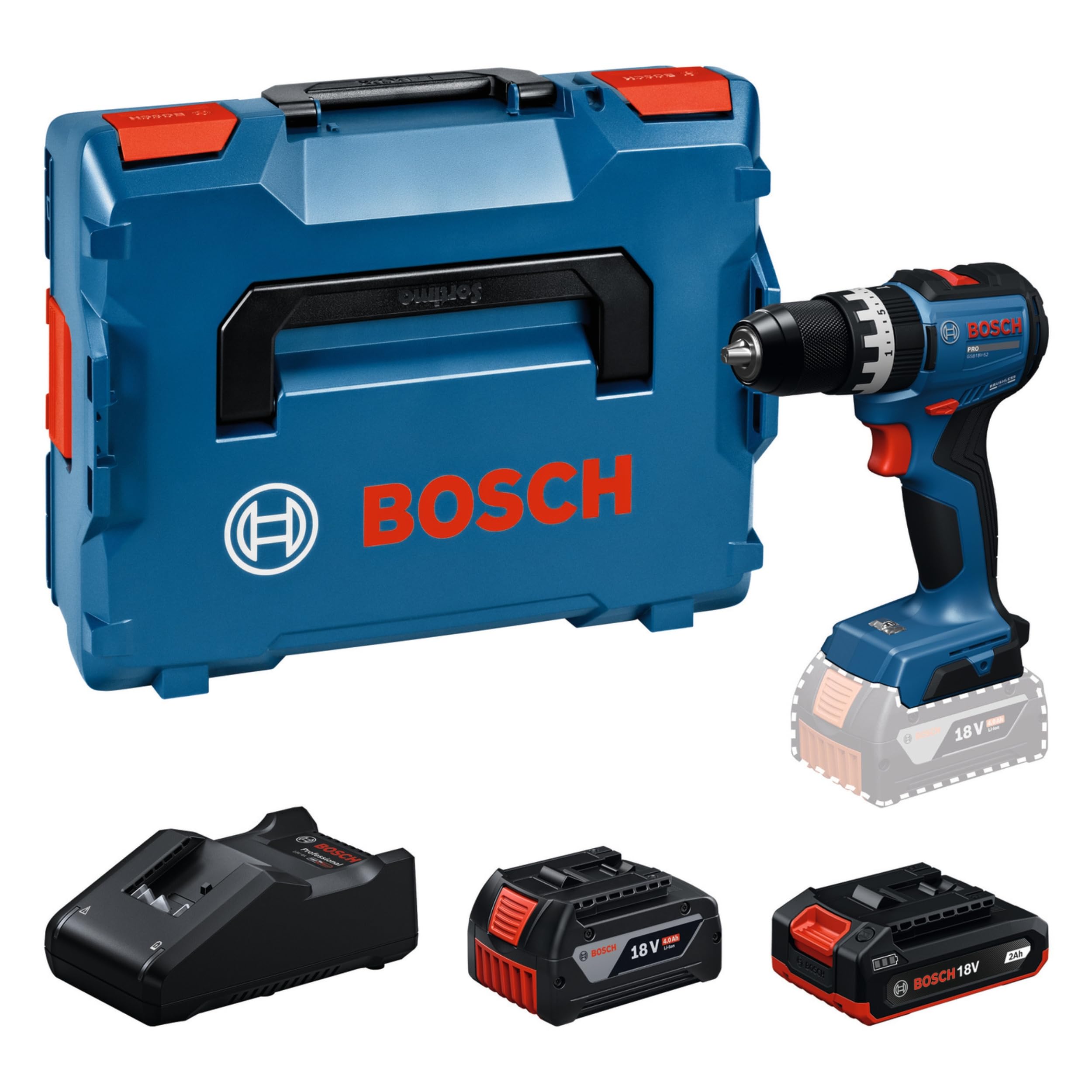 Bosch PRO 18V System Taladro percutor a batería GSB18V-52 (incl. GBA 18V 2.0Ah, GBA 18V 4.0Ah, GAL 18V-40, L-BOXX)