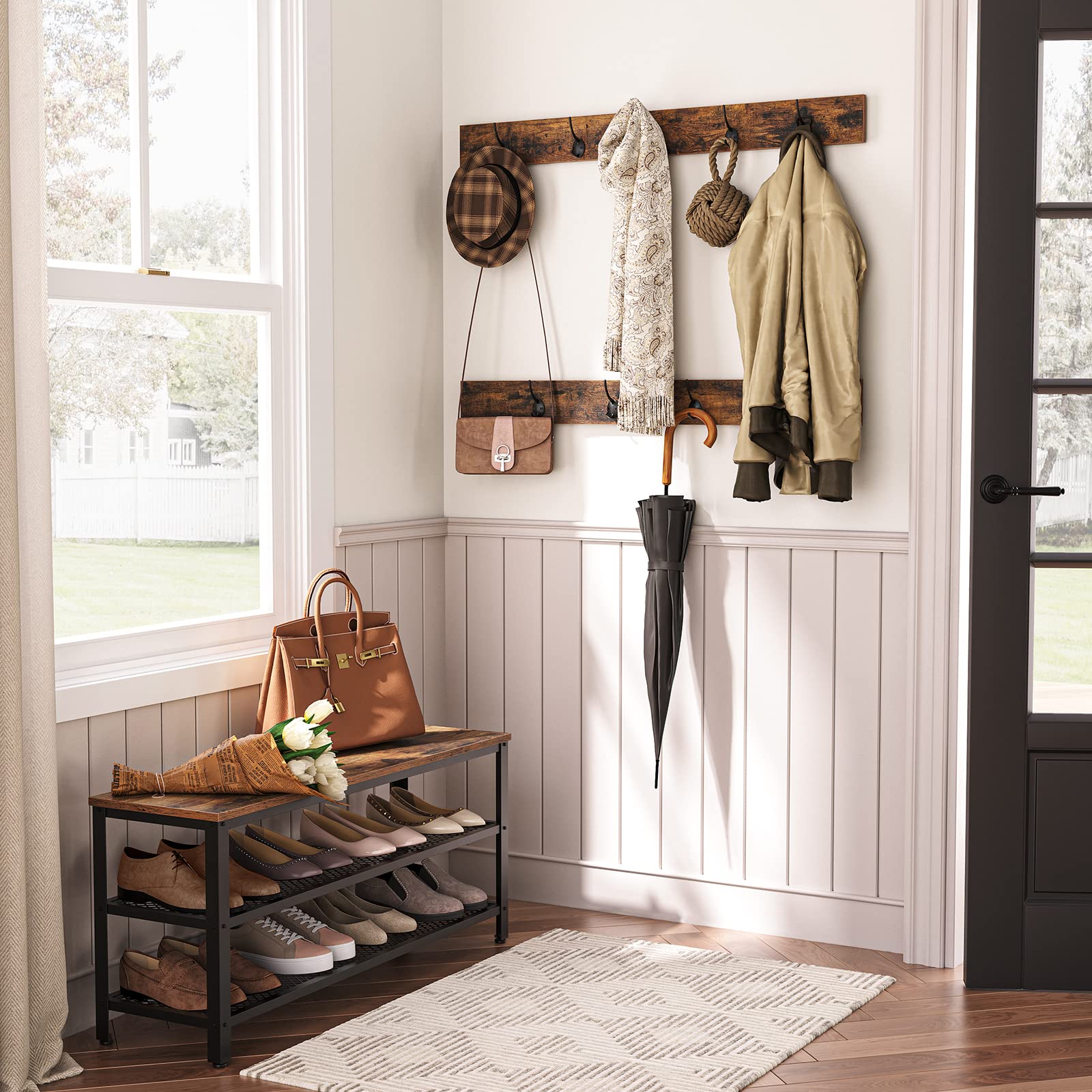 HOOBRO Garderobe Schuhregal Set, 100cm Garderobenständer mit Sitzbank, Schuhbank mit Sitzfläche, 9 Haken, Industriestil, Metallrahmen, für Flur, Eingangsbereich, Dunkelbraun-Schwarz EBF171MT01