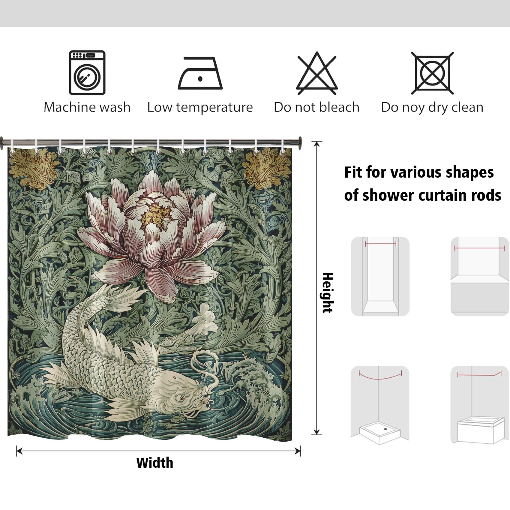 Générique Rideau de Douche Carpe Koï Japonaise 180x200cm | Rideau Douche Fleurs Plantes William Morris Tissu Polyester Hydrofuge Rideau Baignoire pour Salle de Bain avec Crochets