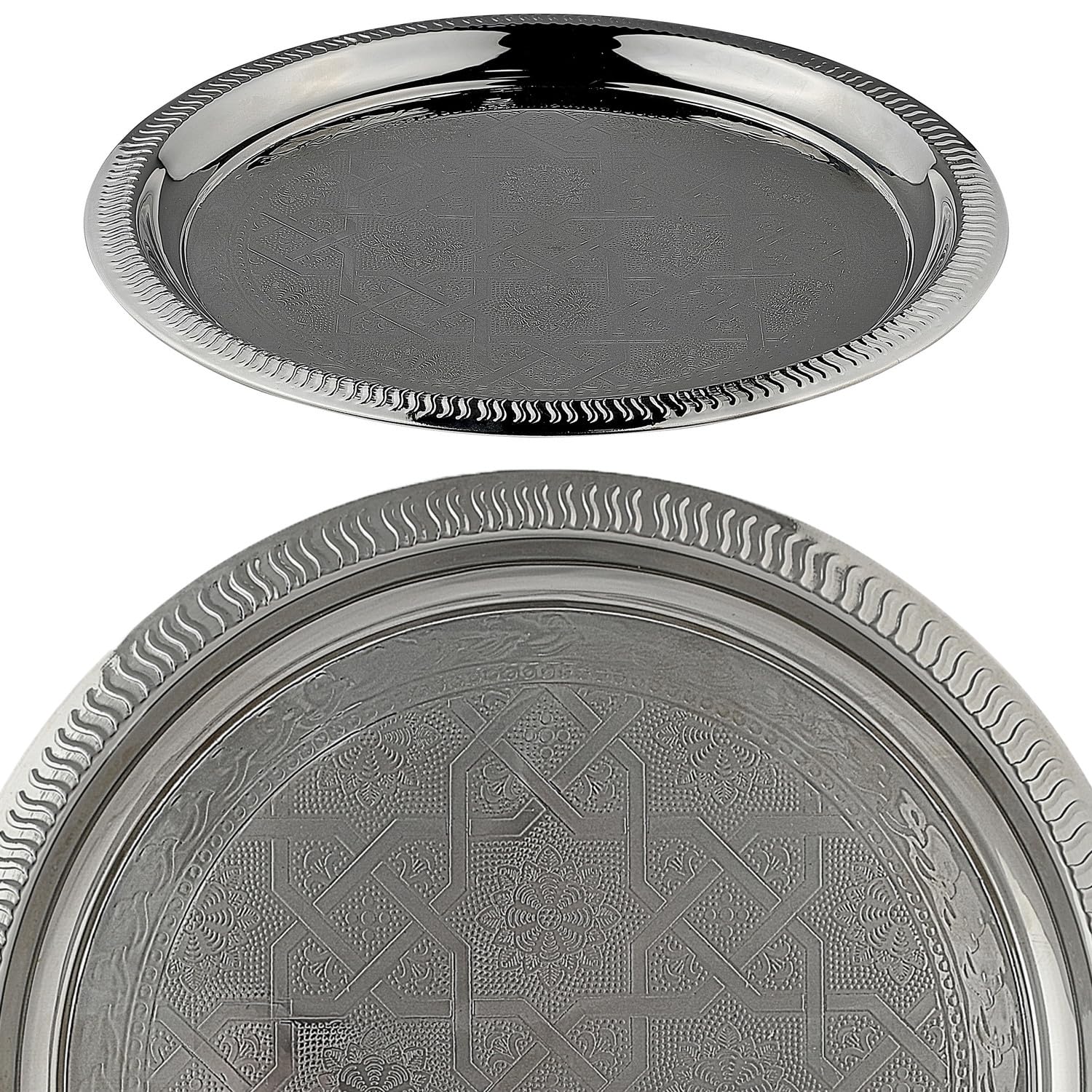 Orientalisches Serviertablett Nacera rund aus Metall in Silber 28 cm