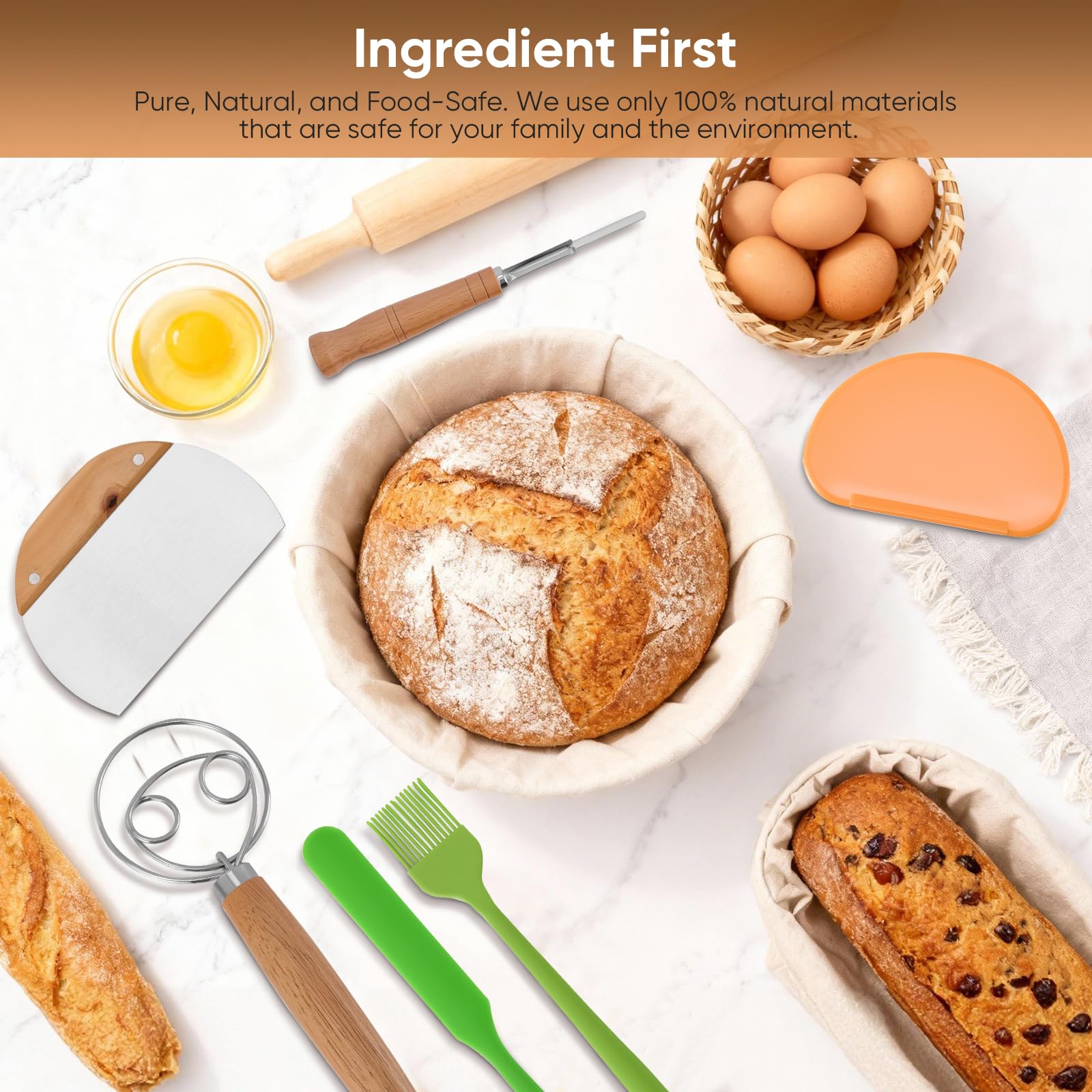 Banneton Pour Pain 21 Pièces - Kit Boulangerie Levain avec 2 Panières Fermentation Rond 23cm et Ovale 25cm, Pot Verre 900ml, Lame à Pain, Tapis Cuisson - Accessoires Cuisine pour Débutants