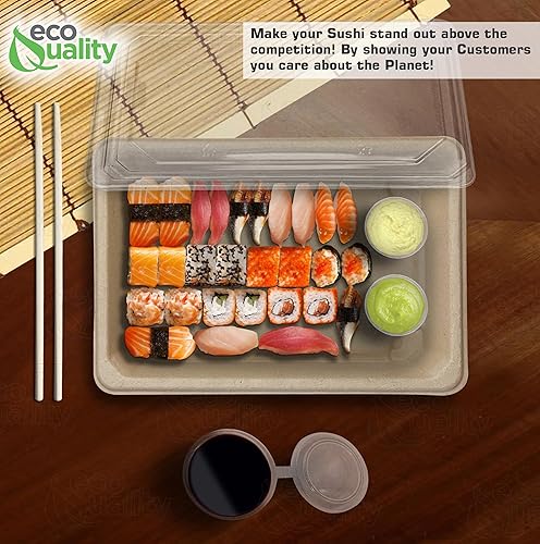 Miniatura 7 de Bandejas de sushi compostables extragrandes con tapas, contenedor de sushi natural de caña de azúcar, biodegradable, plato de sushi desechable con