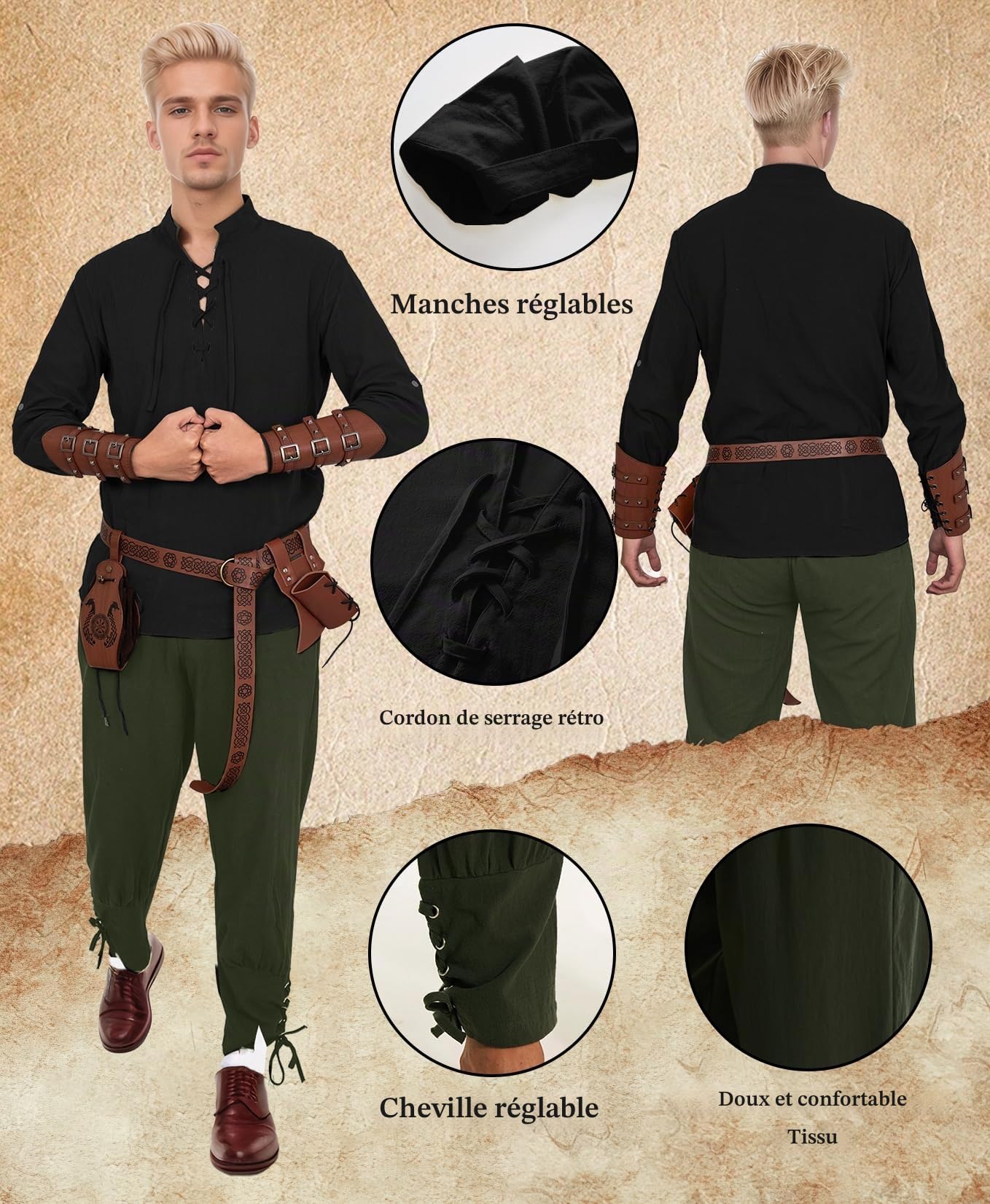 Costume médiéval de la Renaissance pour homme, costume de Viking, chemise à lacets, pantalon avec accessoires, costume d'Halloween pour cosplay, mascarade, magicien
