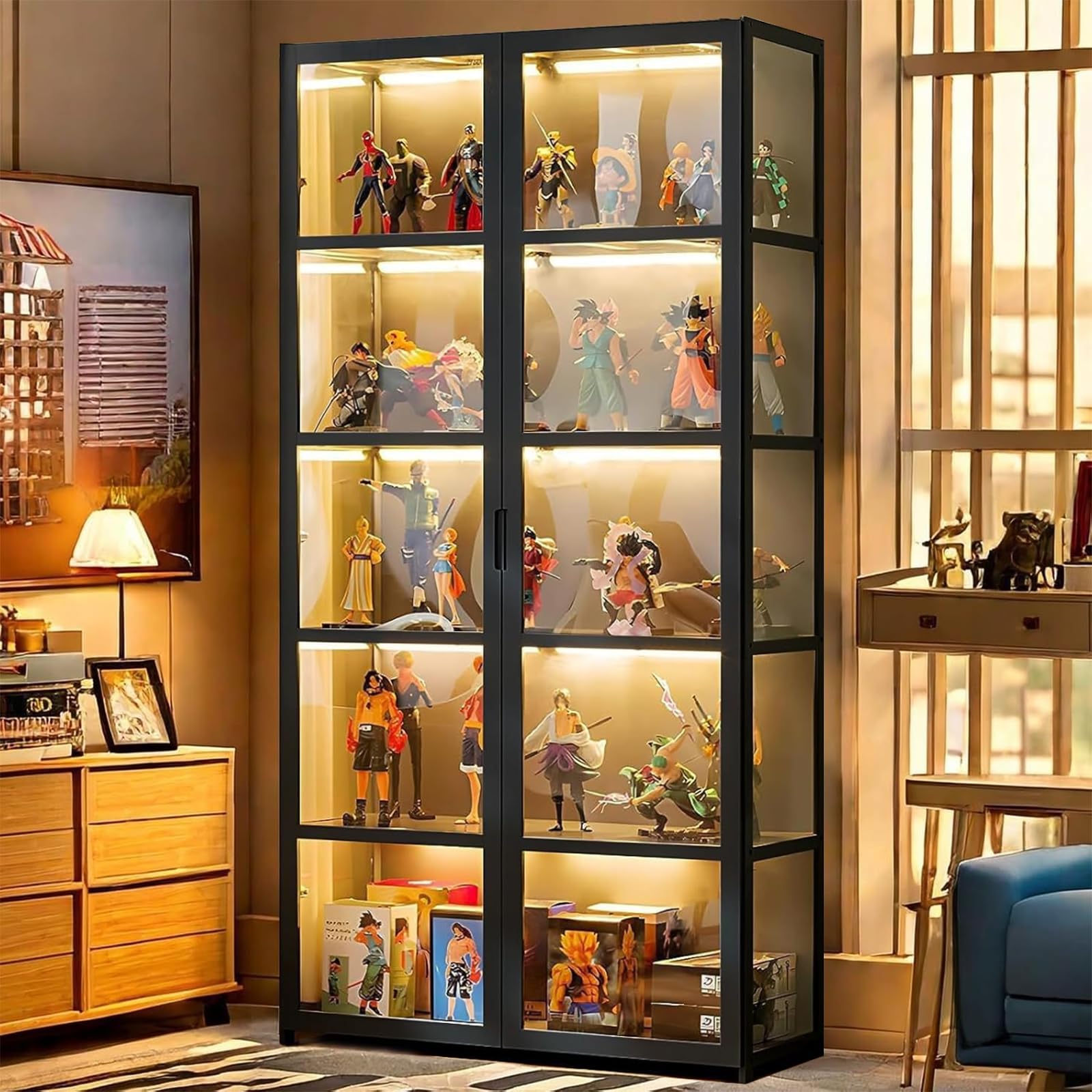 Display Cabinet with Doors, Curio Cabinet with 5 Shelves, Collectibles Toy Organizers Rack & Display Shelf 5 Tier Display Case for Living Room Playroom Bedroom Toddler's Room