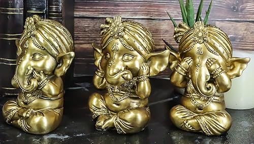 Miniatura 5 de Ebros - Juego de 3 figuras de elefante hindú dorado, Dios, Señor, Ganesha, con turbante, 4 pulgadas de alto, Deidad de las artes, sabiduría y