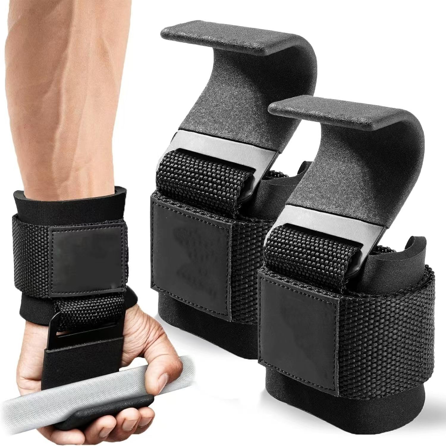 Weight Lifting Hooks (Pair), Heavy Duty Power Wrist Straps, Hand Grip Support For Deadlifts, Pull Ups, Shrugs - Gym Gloves For Men & Women (Black)-image-20