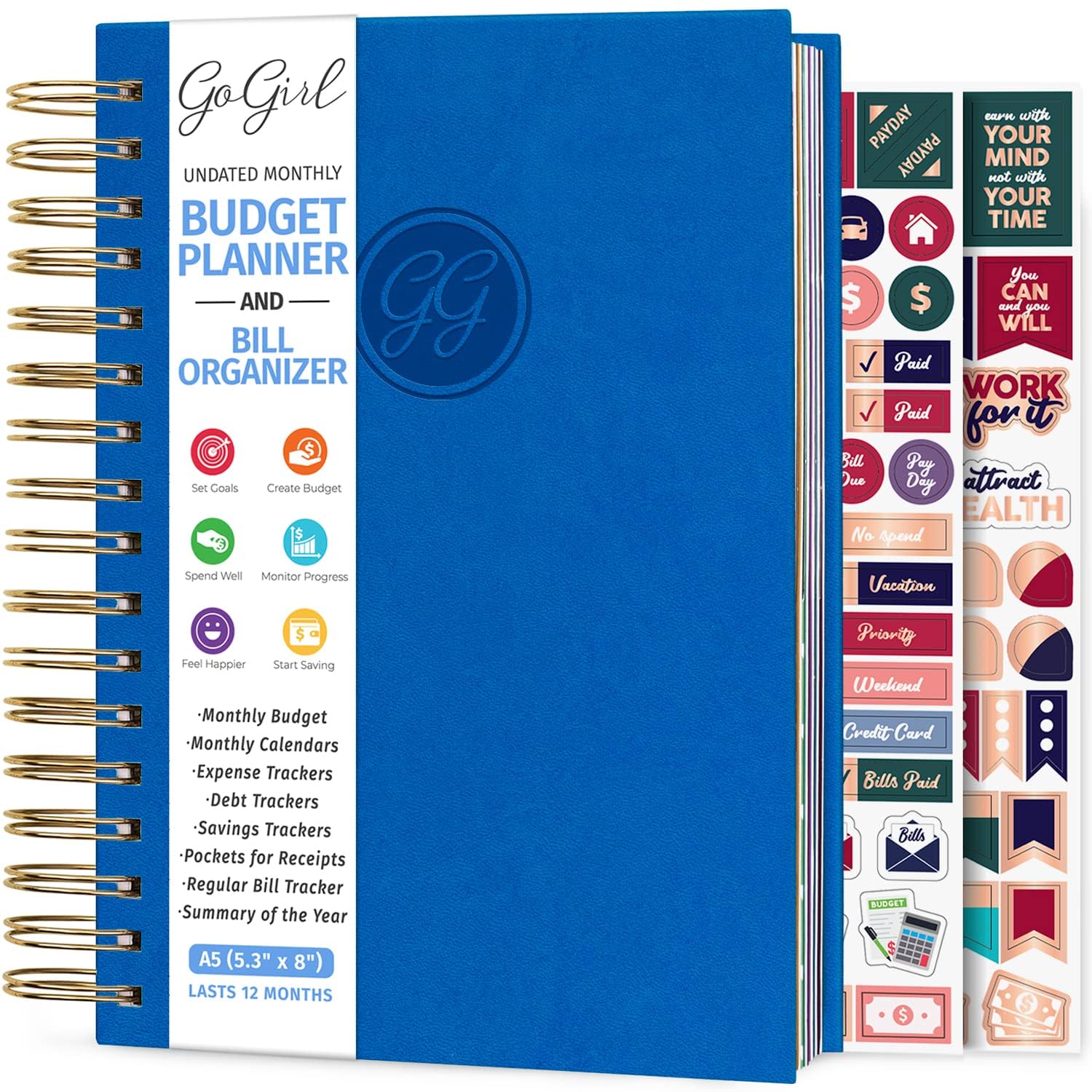 GoGirl Budget Planner & Monthly Bill Organizer – Monthly Financial Book with Pockets. Expense Tracker Notebook Journal to Control Your Money, Compact Spiral-Bound Hardcover, Lasts 1 Year – Blue